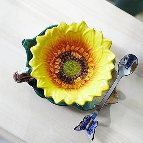 Sunflower Enamel Coffee Mug Set with Butterfly Spoon - 12oz Ceramic Tea Cup, Cute Home Decor Gift for Women, Birthday, Mother's Day - Perfect for Office, Kitchen & Coffee Lovers (Yellow, 1.8x2.2x4.7in)