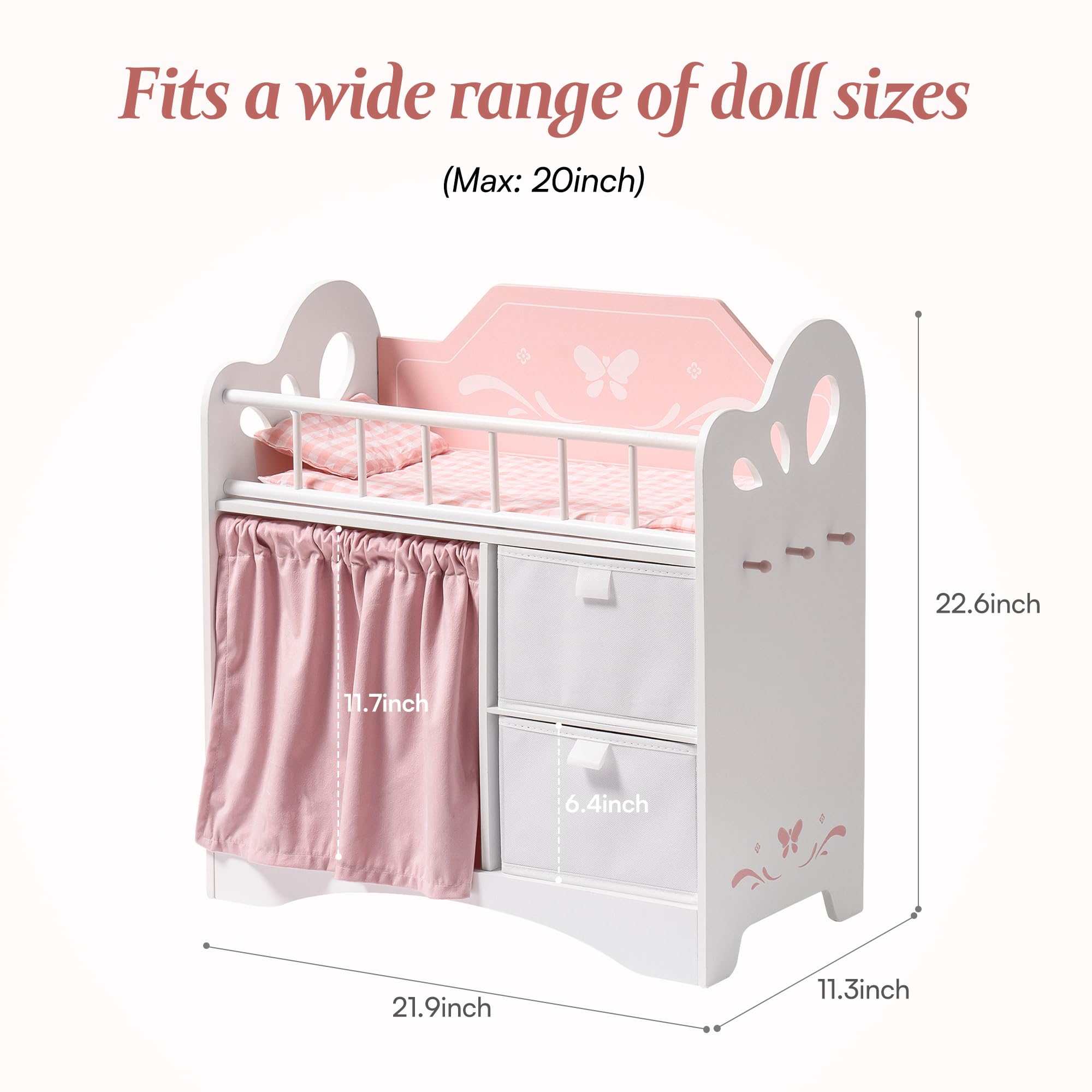 ROBOTIME Pink Wooden Doll Crib with Storage & Bedding - 21