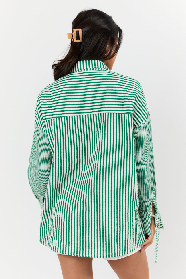 Daybreak Dreams Green Gauze Multi-Stripe Button Down Shirt for Women - Casual Boho Chic Blouse for Summer, Beach, and Outdoor Activities