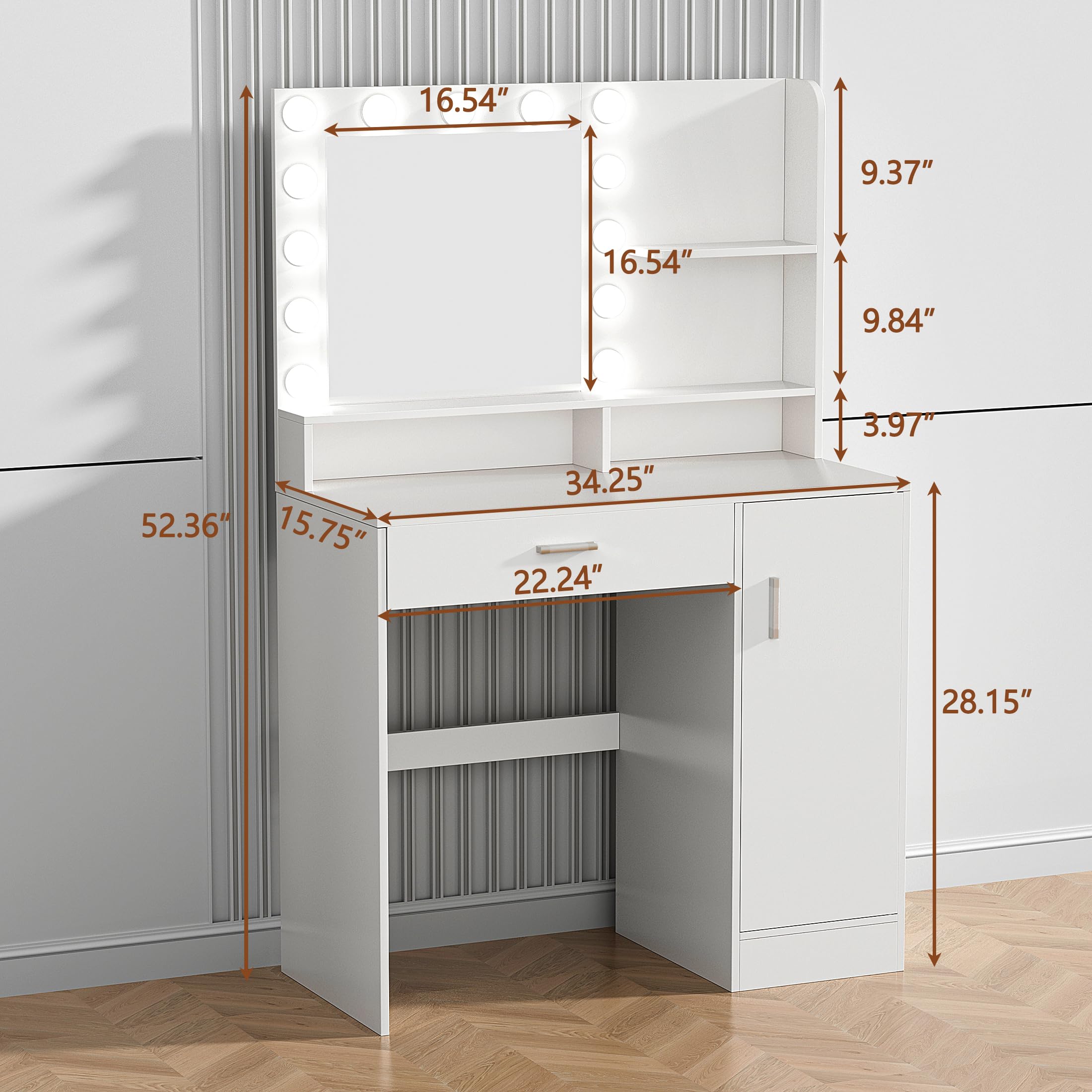 Vanity Desk with Mirror & LED Lights - White Makeup Dressing Table with Storage Drawers & Cabinet, 3 Lighting Modes & 10 Brightness Levels - Perfect for Bedroom, Dressing Room & Home Salon (Ideal for Makeup Application, Skincare Routine & Beauty Organization)