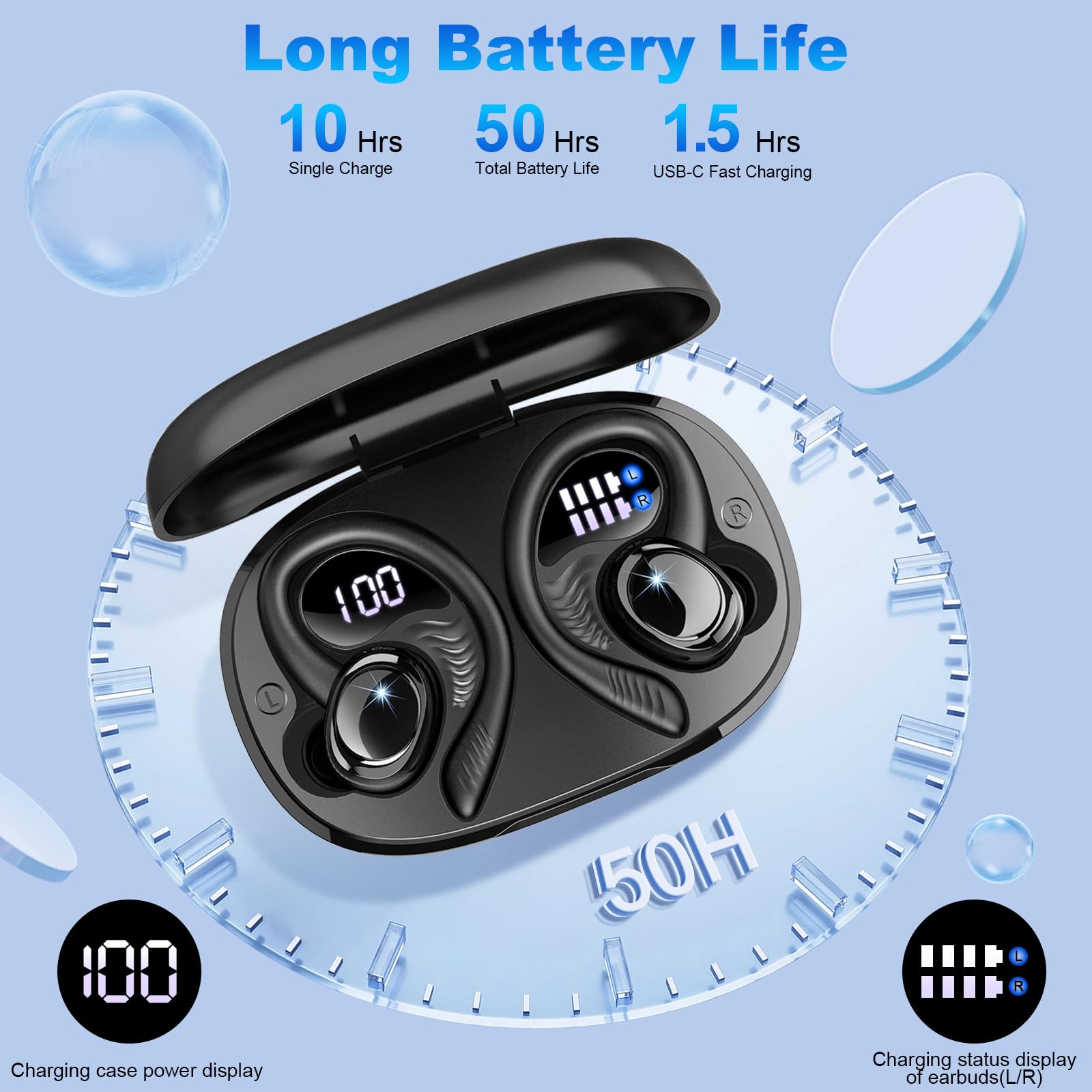 **Wireless Bluetooth 5.4 Earbuds with Earhooks, 50H Playtime & ENC Noise Canceling Mic, IP7 Waterproof Sport Headphones for Running, Gym, Workout – Perfect for Fitness, Commuting & Travel**
