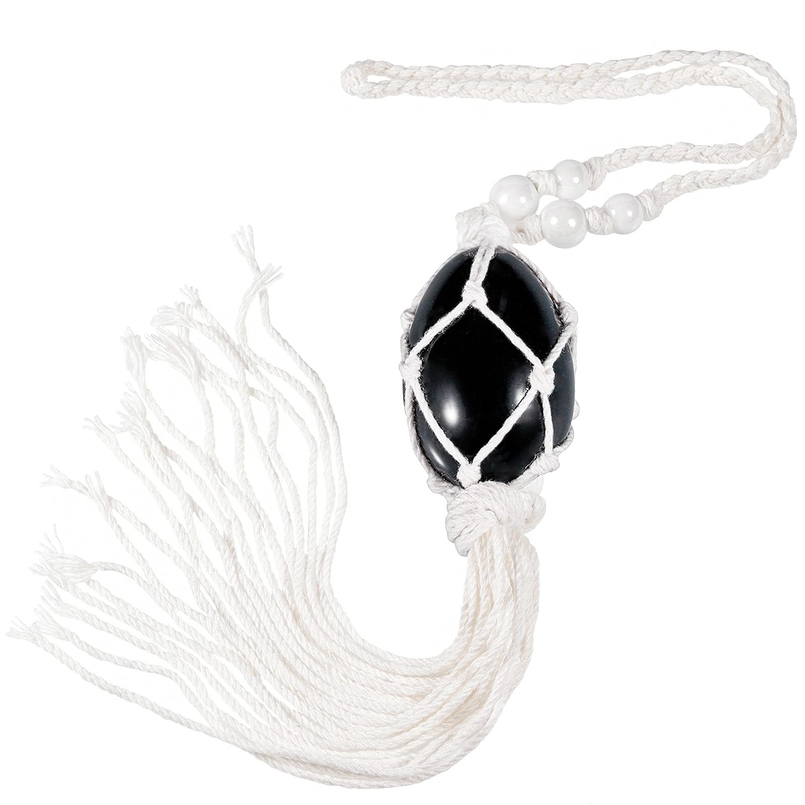 Handmade Black Obsidian Crystal Hanging Ornament - Polished Egg Shape with Tassel & Nylon Rope for Car & Home Decor | Feng Shui, Meditation & Gift Idea