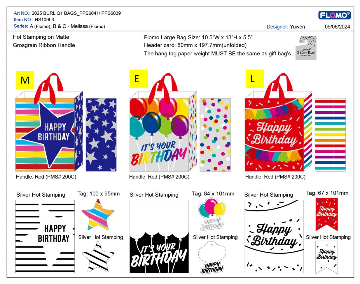 3-Pack Birthday Party Favor Bags with Hot Stamp - Assorted 3 Designs (Medium/Large/Extra Large) - Perfect for Kids' Birthday Parties, School Events & Gift Bags