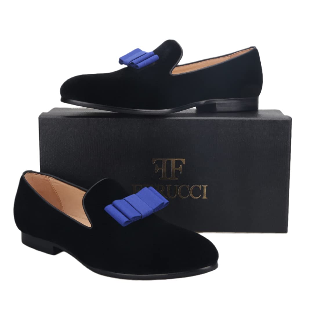 FERUCCI Men's Black Velvet Loafers with Blue Bow Tie - Formal Dress Shoes for Wedding, Prom, Party & Special Occasions