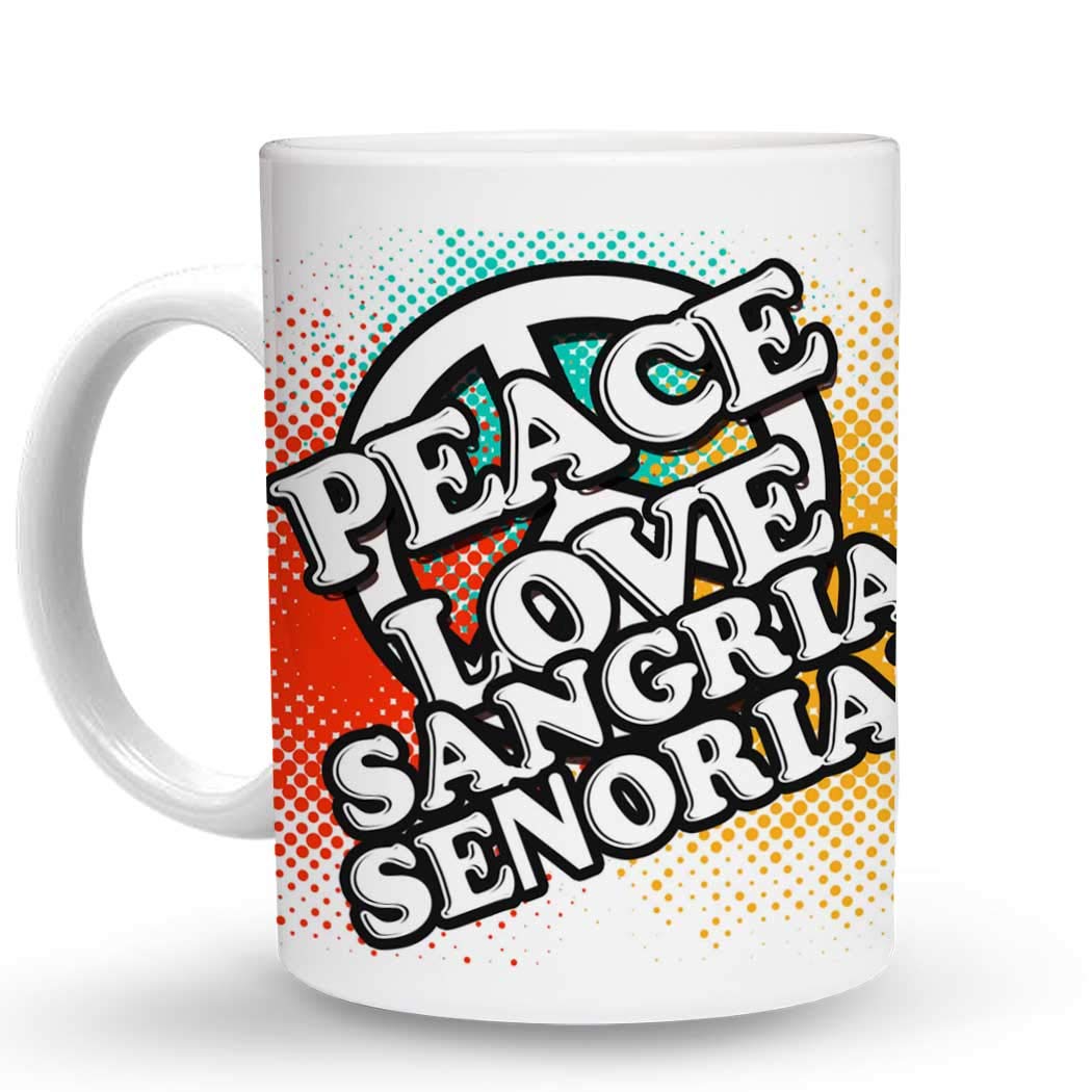 Makoroni - PEACE LOVE SANGRIA SEÑORIAL - 11 Oz Ceramic Coffee Mug, Unique Handmade Spanish Style Cup for Tea, Coffee & Hot Drinks - Perfect for Home, Office & Gifts