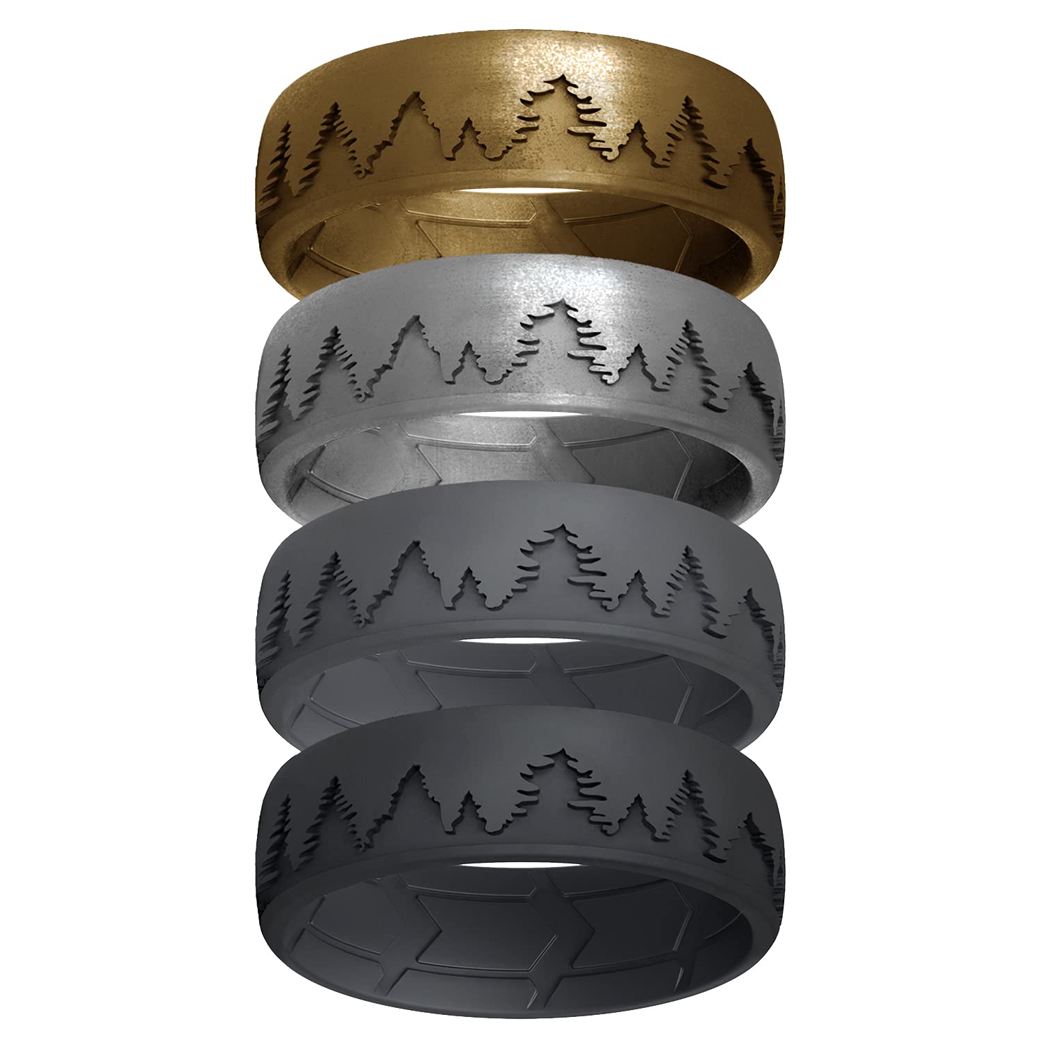 Breathable Silicone Wedding Rings for Men - Comfortable Hunter Ring with Unique Design - Durable Rubber Band in Black, Beveled Metallic Platinum, Grey & Bronze - Size 14 - Perfect for Outdoor Activities, Gym & Daily Wear