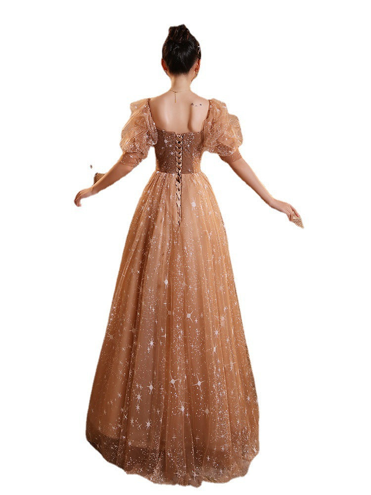 Elegant Champagne A-Line Tulle Prom Dress with Short Sleeves - Shiny Formal Evening Gown for Homecoming, Wedding Guest, Cocktail Party & Special Occasions