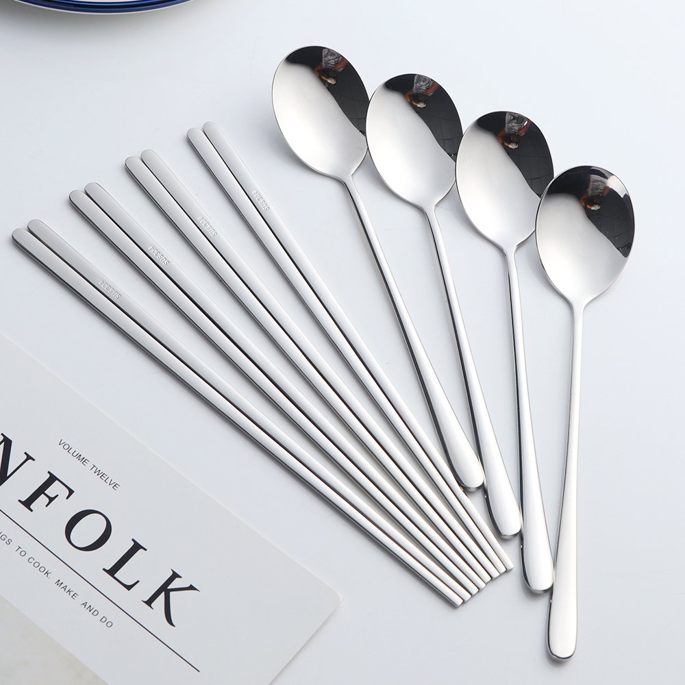 Premium 4-Piece Korean Stainless Steel Chopsticks & Spoon Set - Reusable Silver Metal Cutlery for Asian Dining | Perfect for Home, Restaurants & Gifting