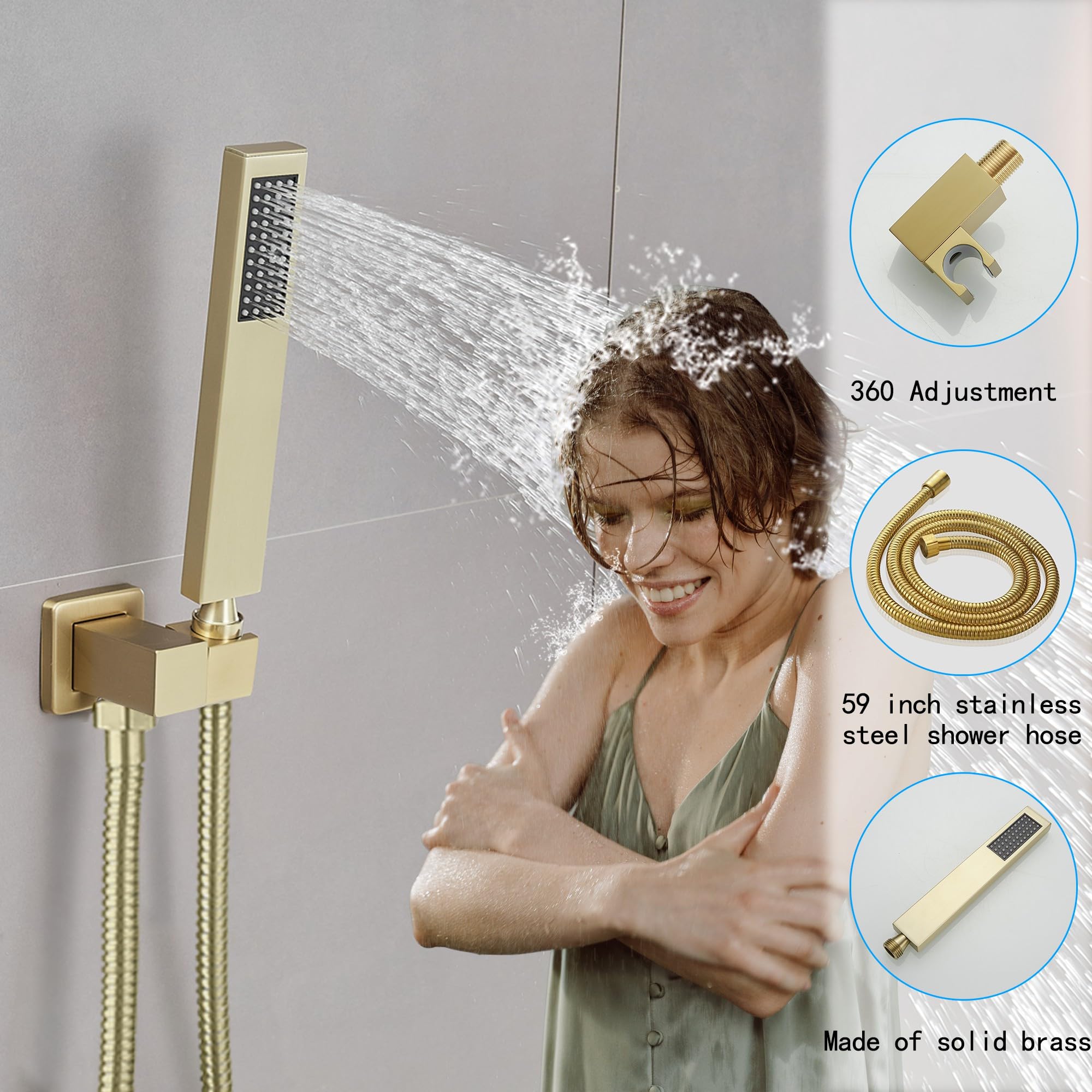 Brushed Gold Shower System - 8 Inch High Pressure Rainfall Showerhead with Handheld Sprayer | Wall Mount Bathroom Faucet Set with Rough-in Valve & Trim Kit | Perfect for Modern Master Bathrooms & Spa-Like Showers