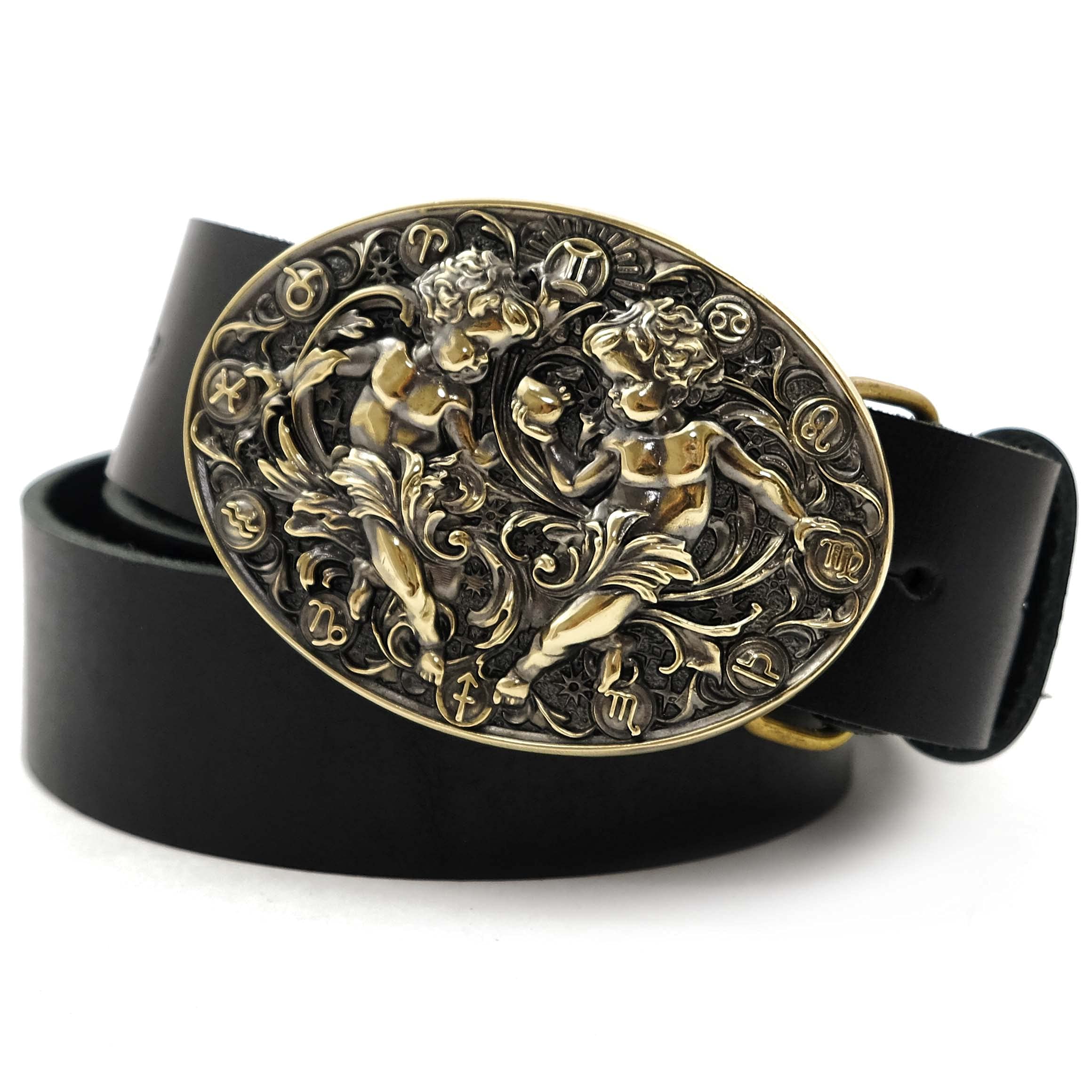 Gemini Zodiac Sign Leather Belt for Men & Women - Solid Brass Horoscope Astrological Buckle | Fashion Accessory for Daily Wear, Gifts & Astrology Enthusiasts