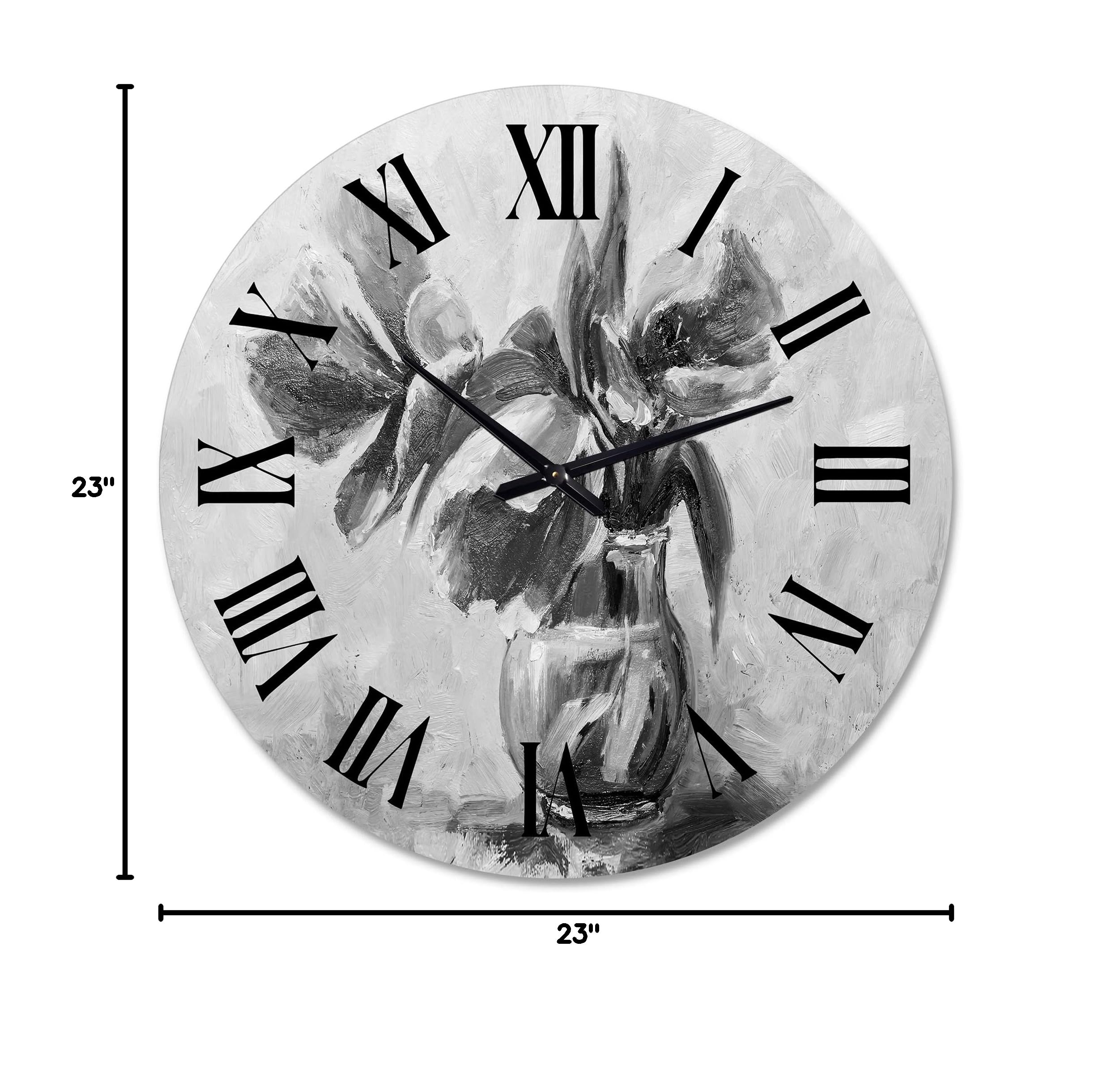 DesignQ Traditional Wall Clock - Monochrome Floral Still Life in Vase - Large Botanical Wall Clock for Living Room Decor | Perfect for Home, Office & Farmhouse Style Interiors