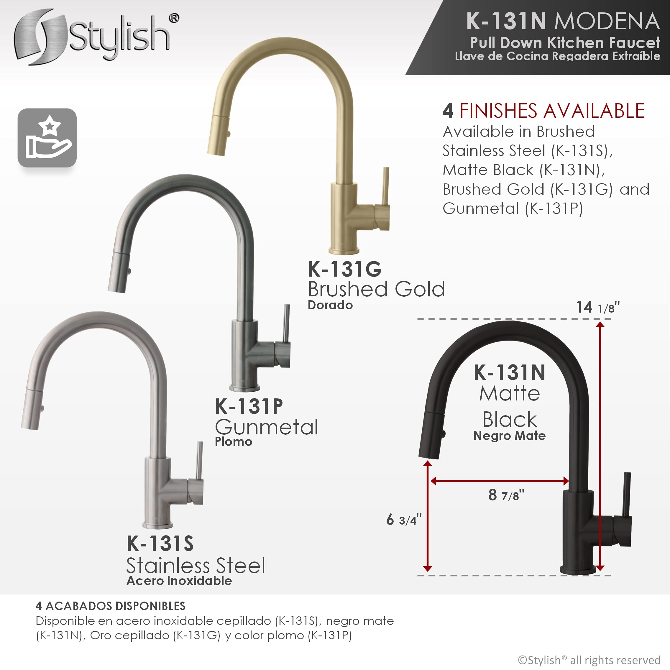 Premium Stainless Steel Kitchen Faucet with Pull Down Sprayer - 1 Handle Dual Function Mixer Tap, Ceramic Cartridge & Aerator - Matte Black (Model K-131N) - Perfect for Modern Kitchens, Restaurant Prep Areas & Home Renovations