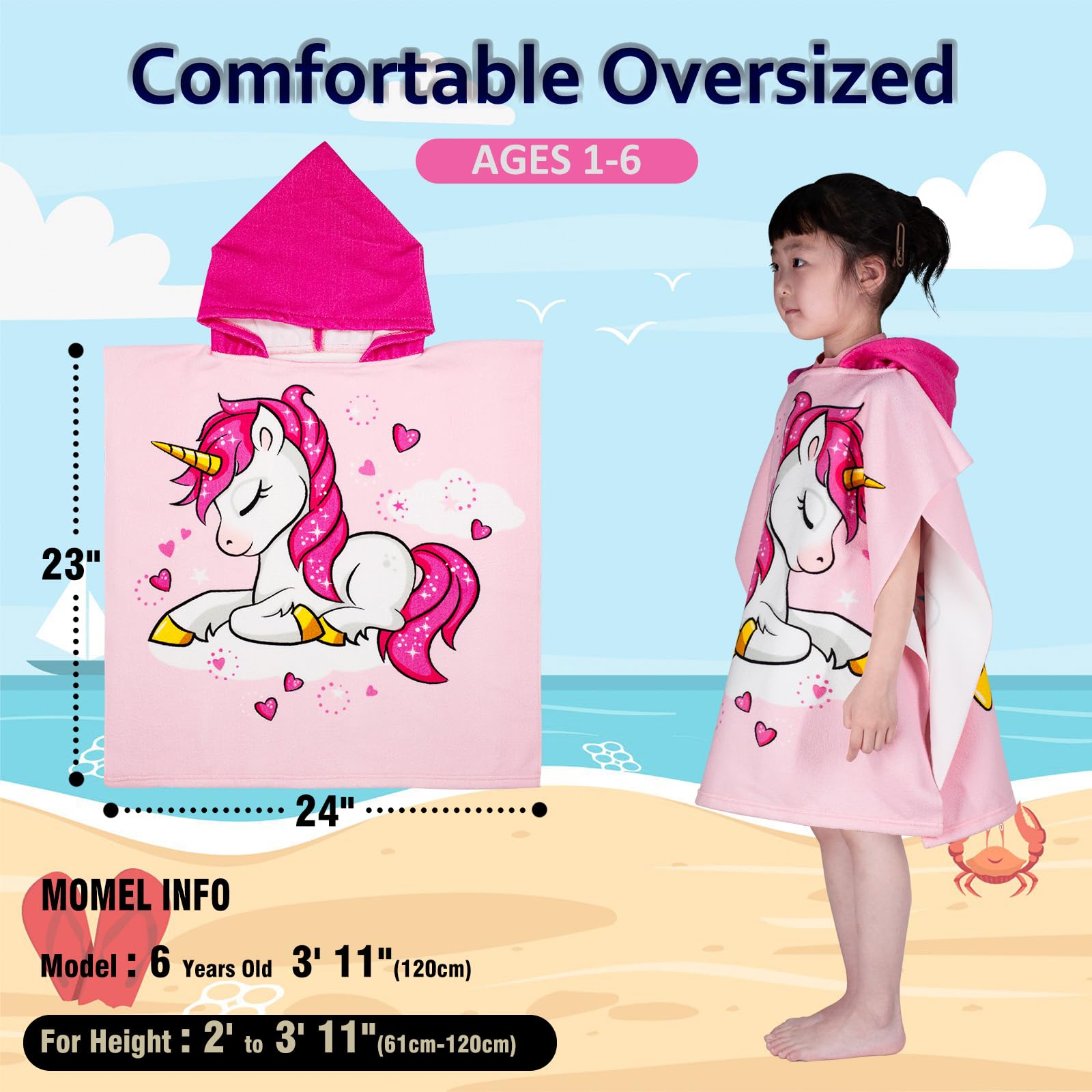 **Unicorn Hooded Kids Beach Towel - Quick Dry Lightweight Microfiber Swim Cover-Up for Toddlers Ages 1-6 | Soft Bath & Pool Towel for Boys & Girls (24x23 Inches, Pink) - Perfect for Beach, Pool & After-Swim Warmth**