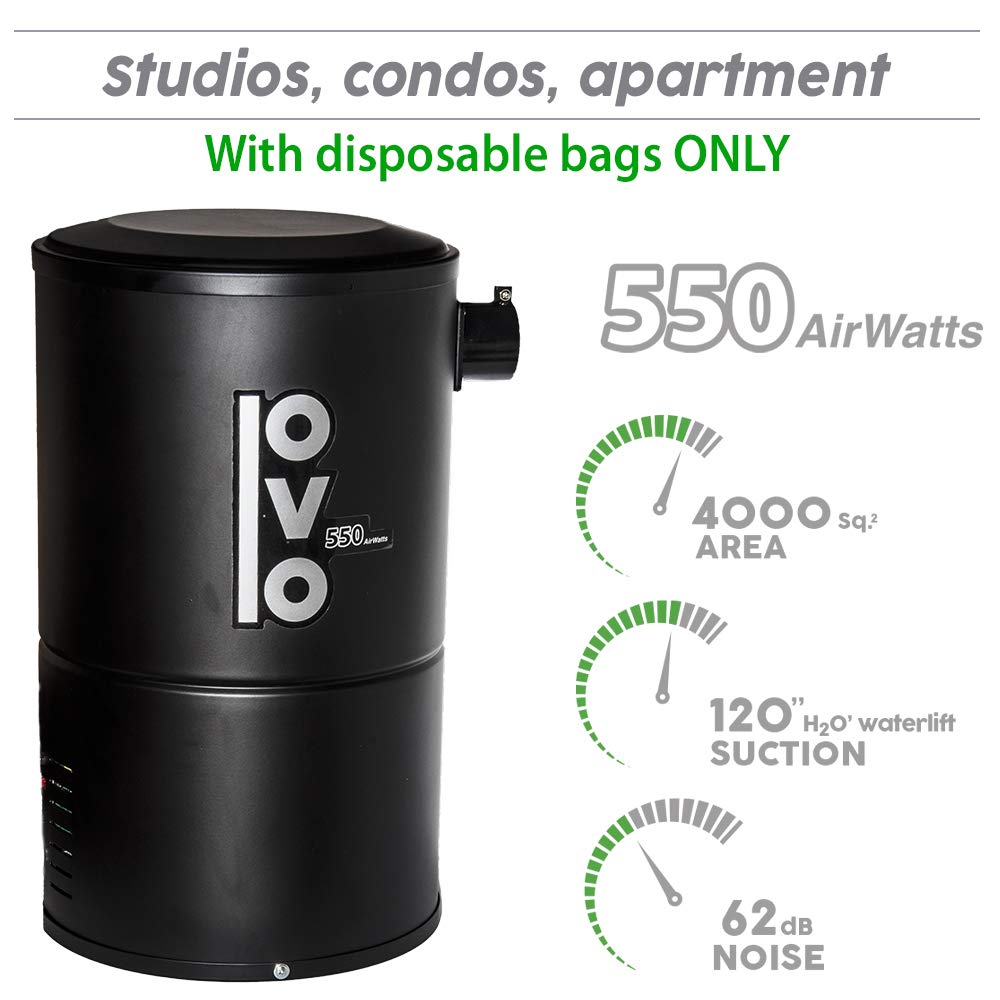 OVO-550ST-18B Compact Central Vacuum System - 550 Airwatts Powerful & Quiet Vacuum Unit for Apartments, Condos & Small Homes | Perfect for Pet Hair, Hardwood Floors & Daily Cleaning
