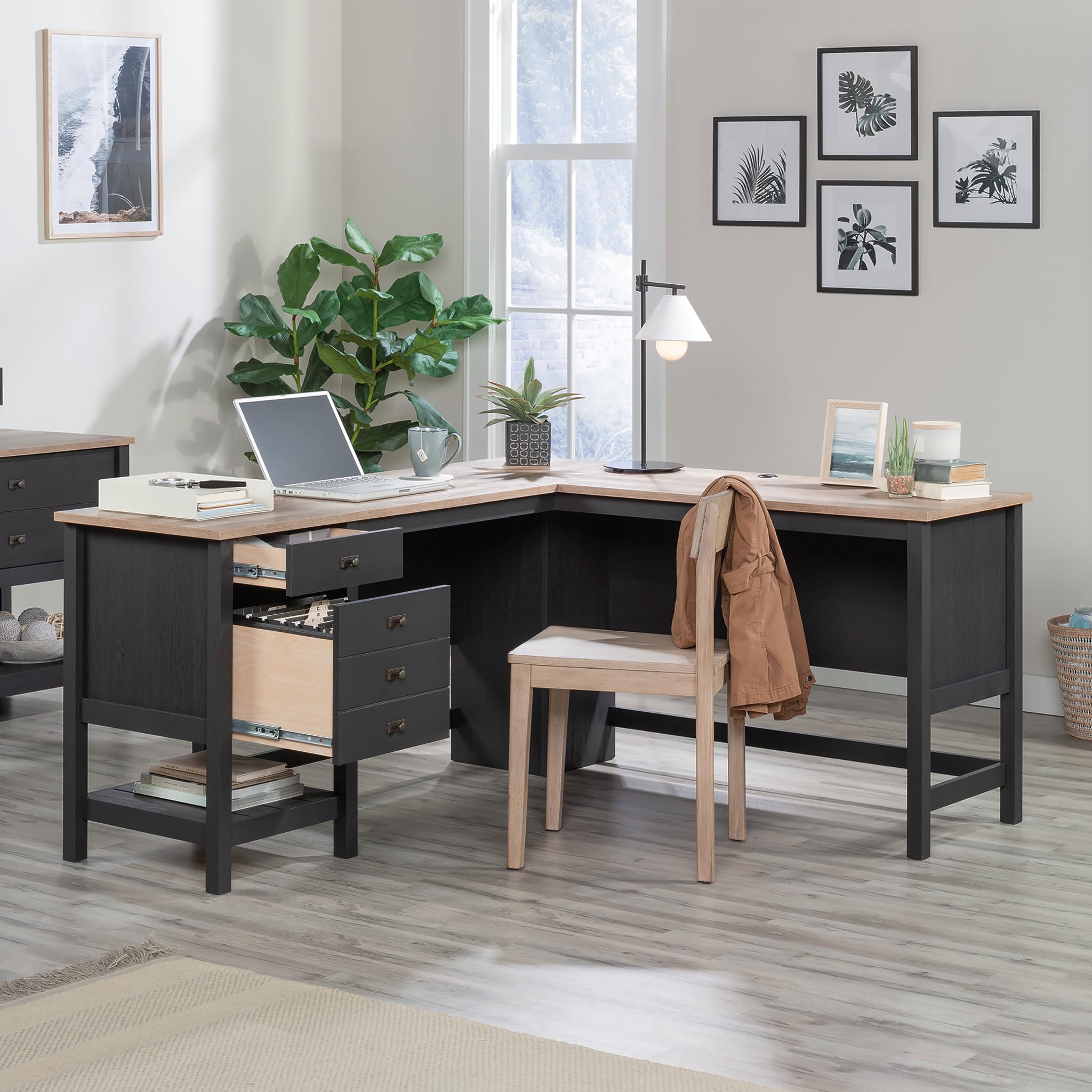 Sauder Cottage Road L-Shaped Computer Desk with Drawers & File Cabinet - Home Office Desk with Cable Management in Raven Oak Finish - Perfect for Small Spaces & Work from Home Setup