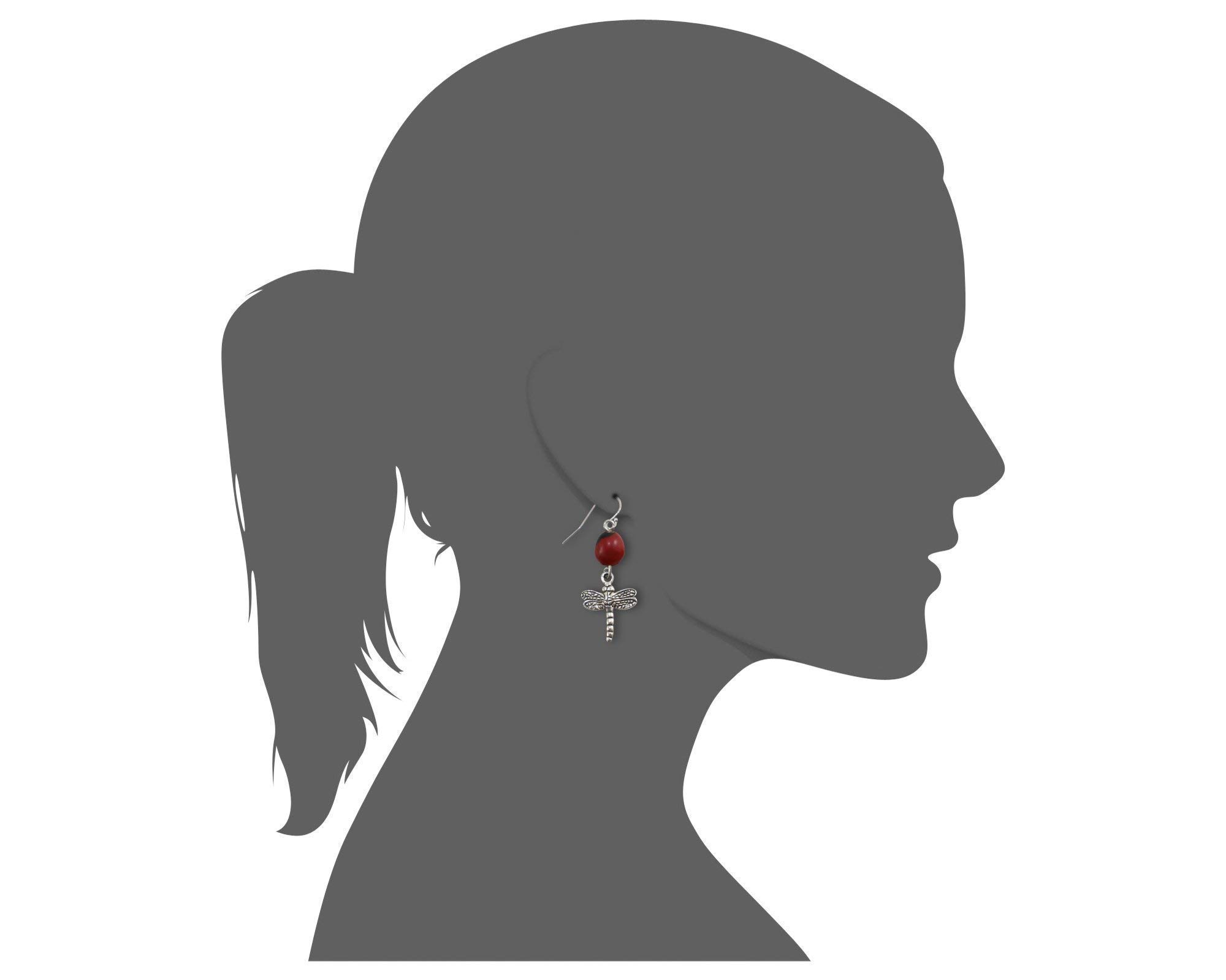 Silver Dragonfly Charm Earrings - Symbol of Power, Strength & Wisdom - Handmade Dangling Red Beaded Jewelry (1.25 inch) with Peruvian Good Luck Seeds - Perfect Gift for Women - Birthday, Anniversary, Mother's Day & Special Occasions