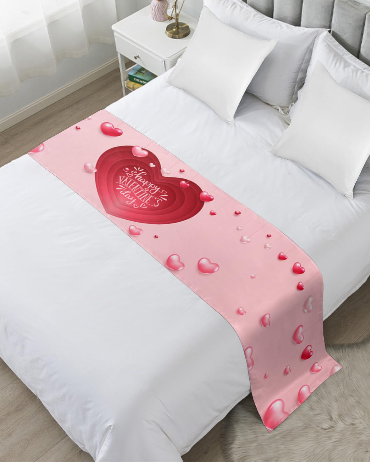 King Size Bed Runner - Red & Pink Love Heart Valentines Decorative Bed Scarf Throw for Foot of Bed (94