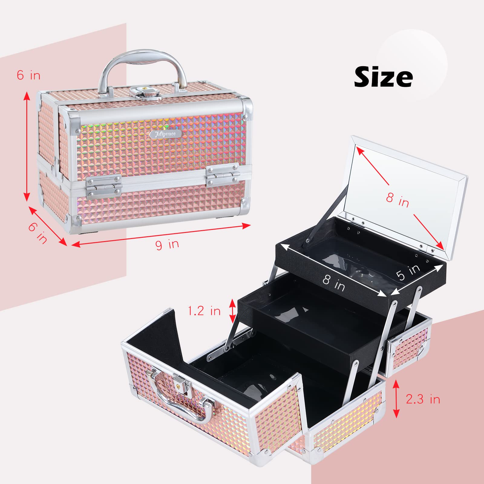 Joligrace Lockable Makeup Train Case with Mirror & 2-Tier Tray - Portable Cosmetic & Jewelry Organizer with Keys, Handle for Travel Storage | Perfect for Salon Professionals & Home Beauty Organization