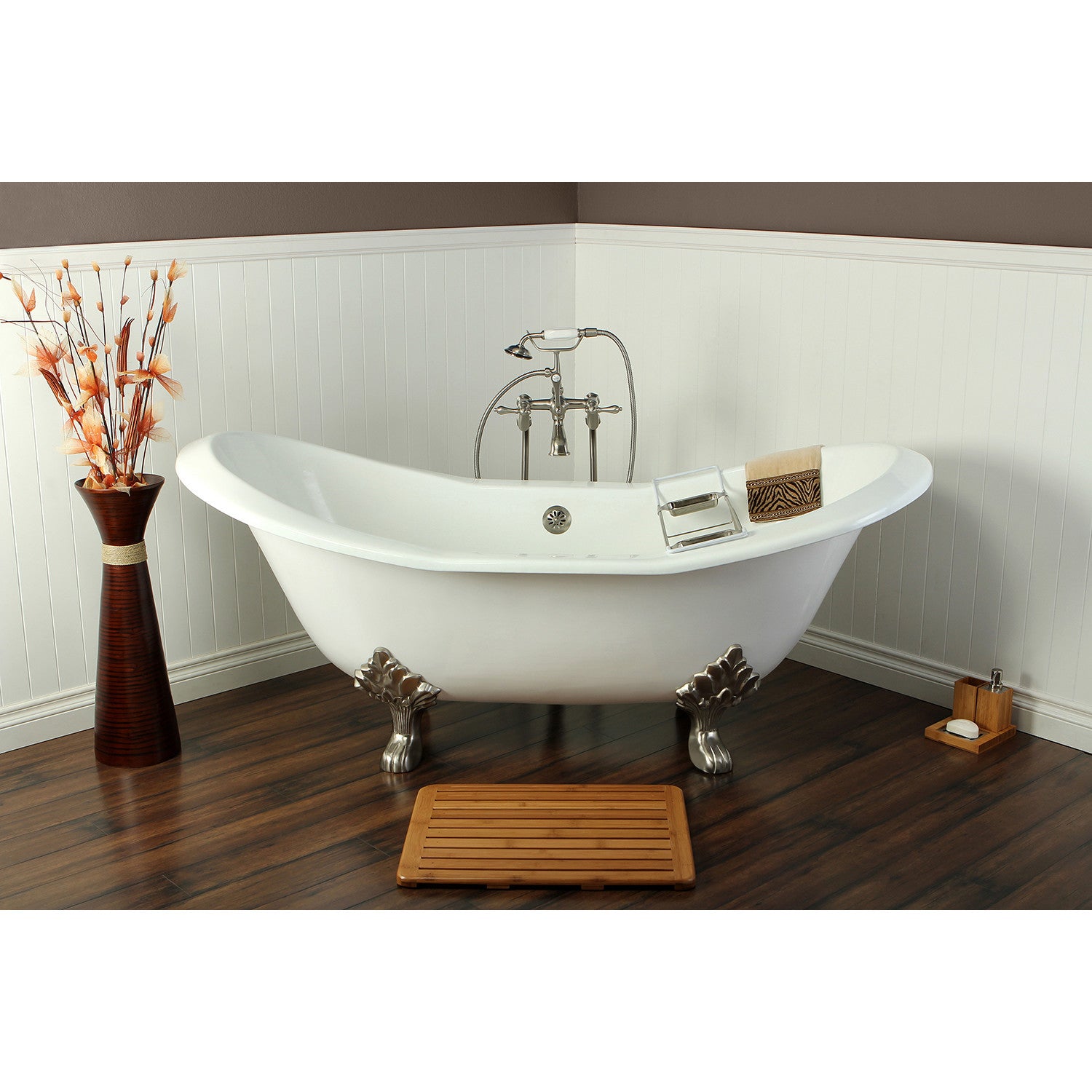 Aqua Eden 72 Inch White Cast Iron Oval Double Slipper Clawfoot Bathtub - Brushed Nickel Finish, No Faucet Drillings | Vintage Bathroom Decor, Luxury Spa Retreat, Classic Home Renovation