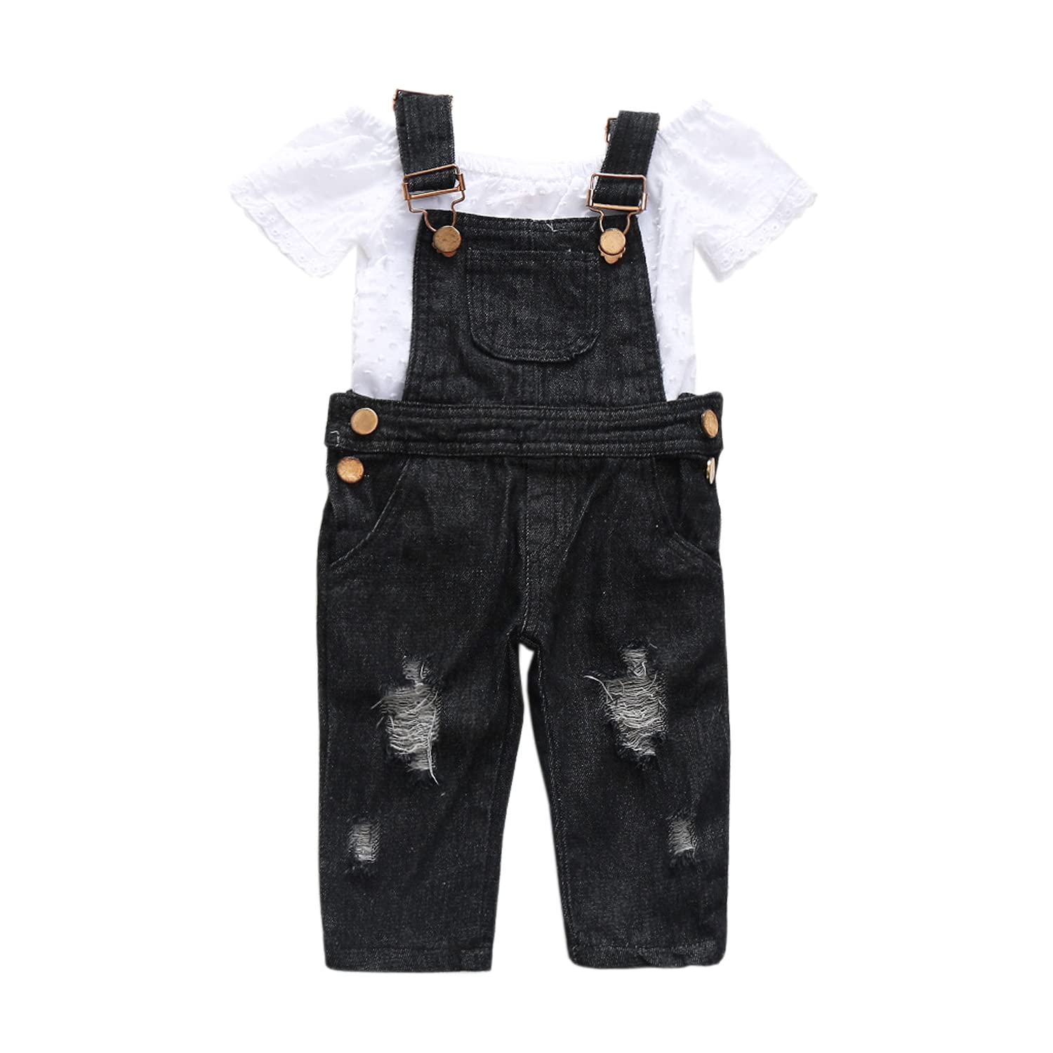 Baby Girls 2-Piece Outfit Set - Toddler Short Sleeve Off Shoulder T-Shirt & Adjustable Ripped Jeans Overalls | Cute Casual Playwear for Infants, Daycare, Photo Shoots & Family Outings
