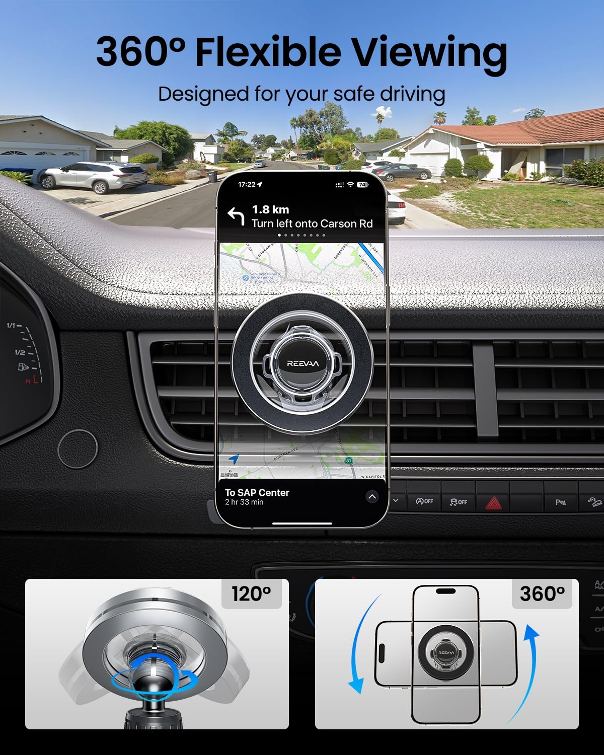 REEVAA Magnetic Car Mount Holder for iPhone 16 Pro Max/15/14/13/12/Plus/Mini - 360° Adjustable Strongest Magnet Power Magsafe Phone Mount for Car Vent & Dashboard - Perfect for Hands-Free Driving & GPS Navigation