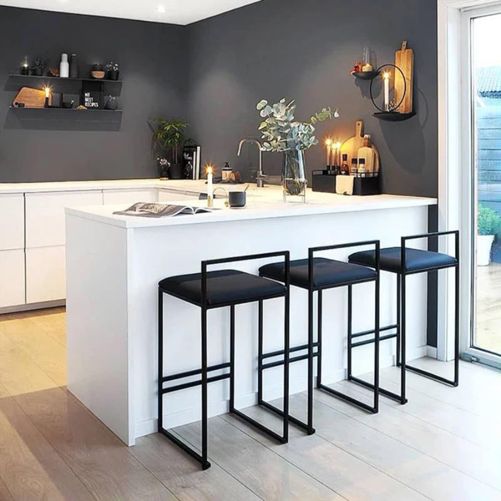 DASHADAO Set of 2 Black Velvet Kitchen Island Counter Chairs with Metal Legs & Footrest - Modern Breakfast Bar Stools for Dining, Kitchen Decor & Small Space