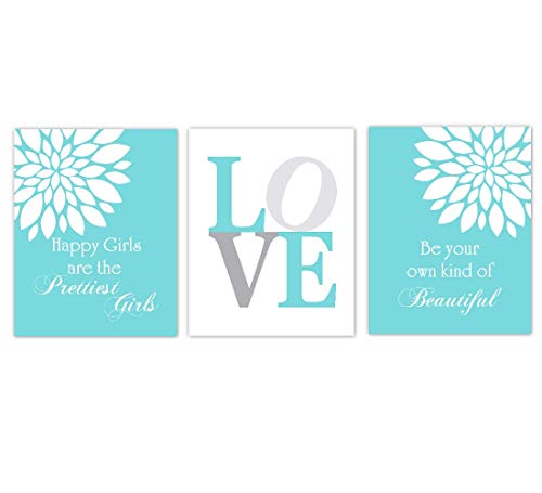 Teal Flower Dahlia Nursery Wall Art for Baby Girl - 3 Unframed Prints, Perfect for Toddler Bedroom Decor