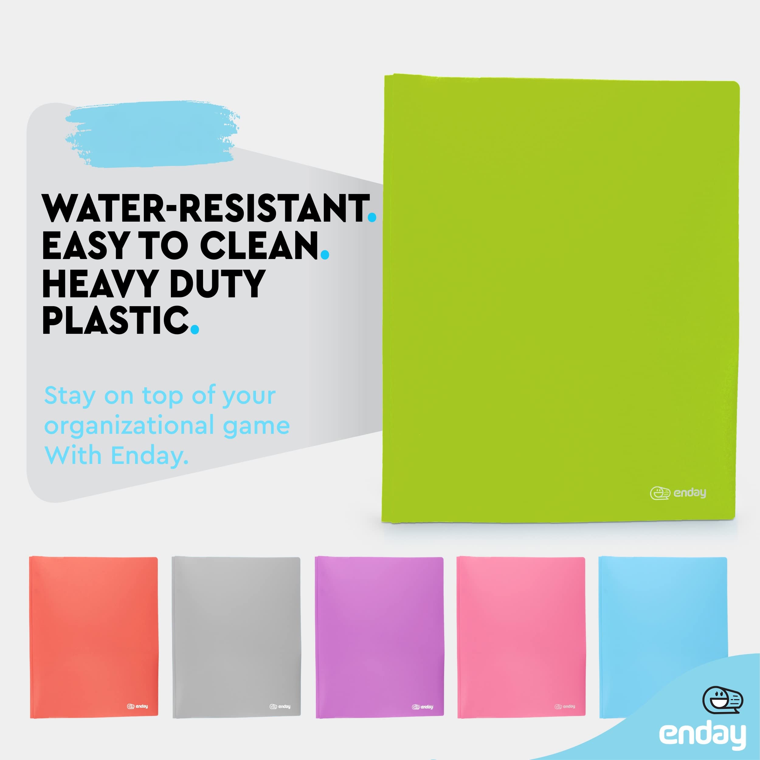 Enday 6-Pack Plastic Folders with Pockets & Prongs - 2-Pocket Folders with Brads for Letter Size Sheets (Green, Blue, Purple, Red, Pink, Grey) - School Supplies, Office Organization & Document Storage