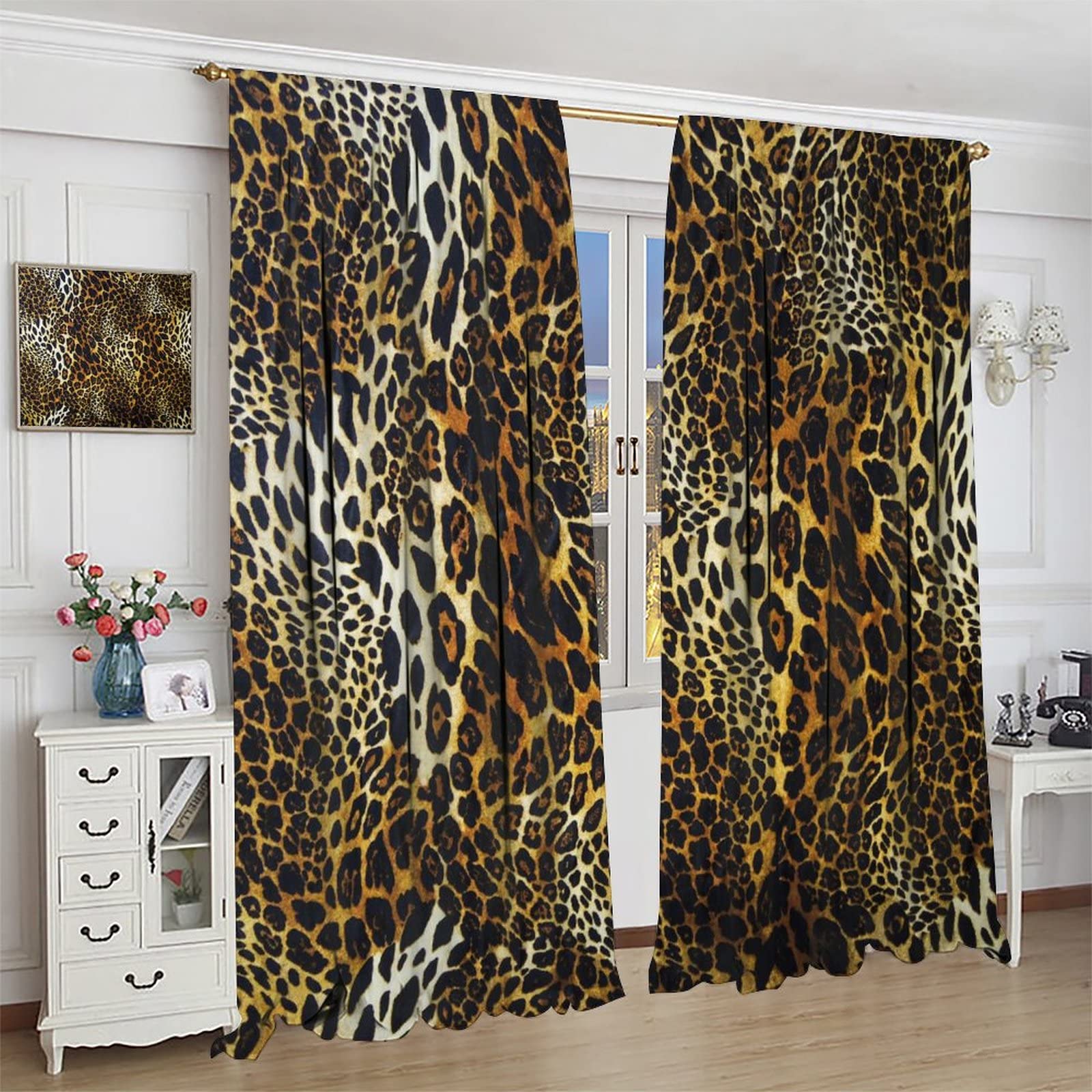 Green Leopard & Zebra Print Blackout Curtains - 42x45 Inch Wild Animal Print Window Drapes for Kitchen, Kids Room & Nursery - Black & White Nature-Themed Home Decor for Bedroom & Living Room