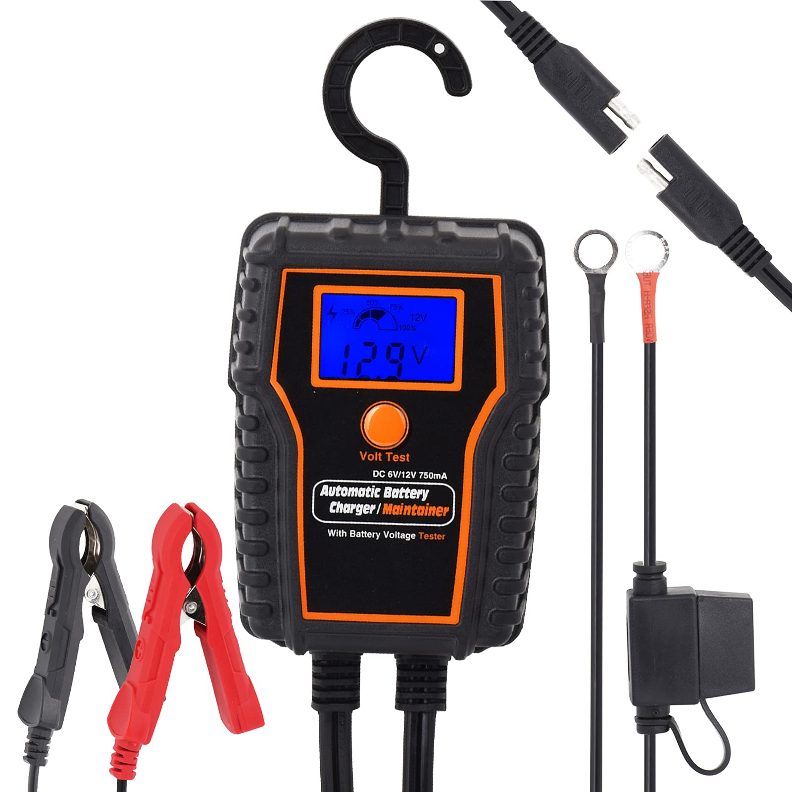 12V 750mA Automatic Battery Trickle Charger & Maintainer with LCD Display - for Motorcycle, ATV, Lawn Mower, Car, Boat - Keep Batteries Charged in Storage & Winter Months