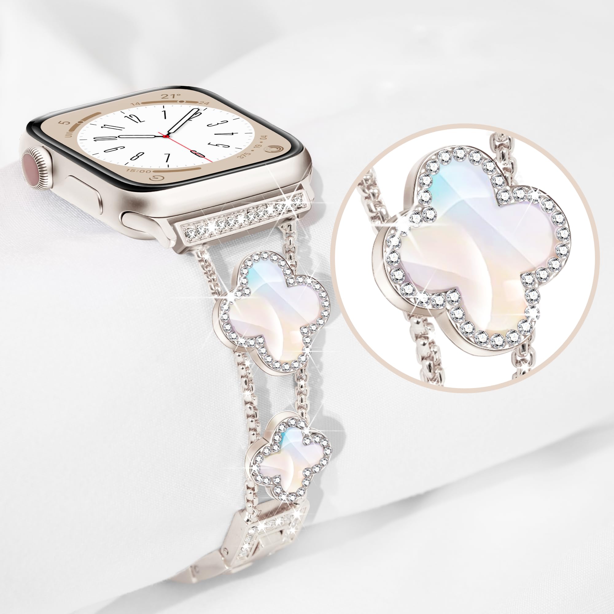 Wipalor Four-Leaf Clover Apple Watch Band 42mm 41mm 40mm 38mm - Lightweight Adjustable Bracelet for Women, Shiny Diamond Jewelry Metal Strap Compatible with iWatch Series 10/9/8/7/6/5/4/3/SE (Starlight) - Perfect for Work, Parties & Everyday Wear