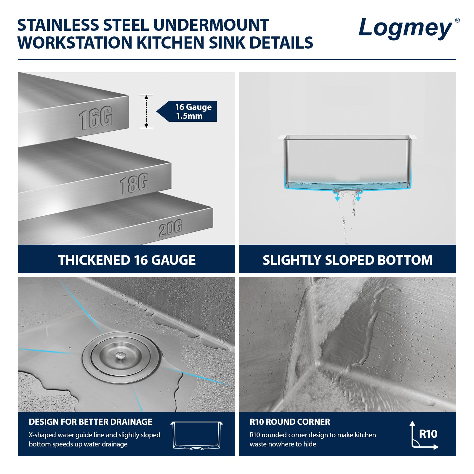 Logmey 23-Inch Undermount Bar Sink - 16 Gauge Stainless Steel Single Bowl Kitchen Sink, 23x19 Inches Under Ledge Workstation Sink for Bar Prep & Commercial Use - Perfect for Restaurants, Bars, and Home Kitchens