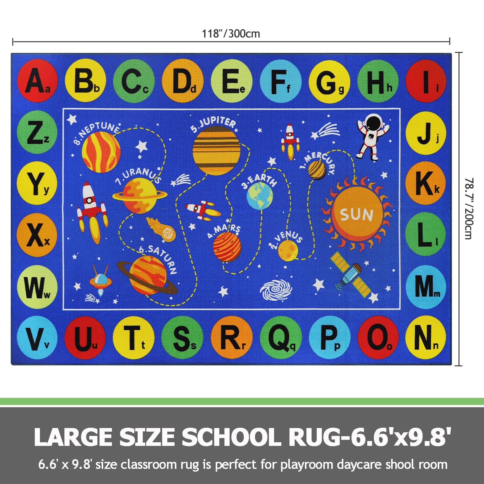 Blue Outer Space Educational Kids Rug 6.6'x9.8' - Non-Slip ABC Alphabet & Planets Play Mat for Classroom, Nursery, Toddler Room & Living Room - Perfect for Learning, Playtime & Decoration