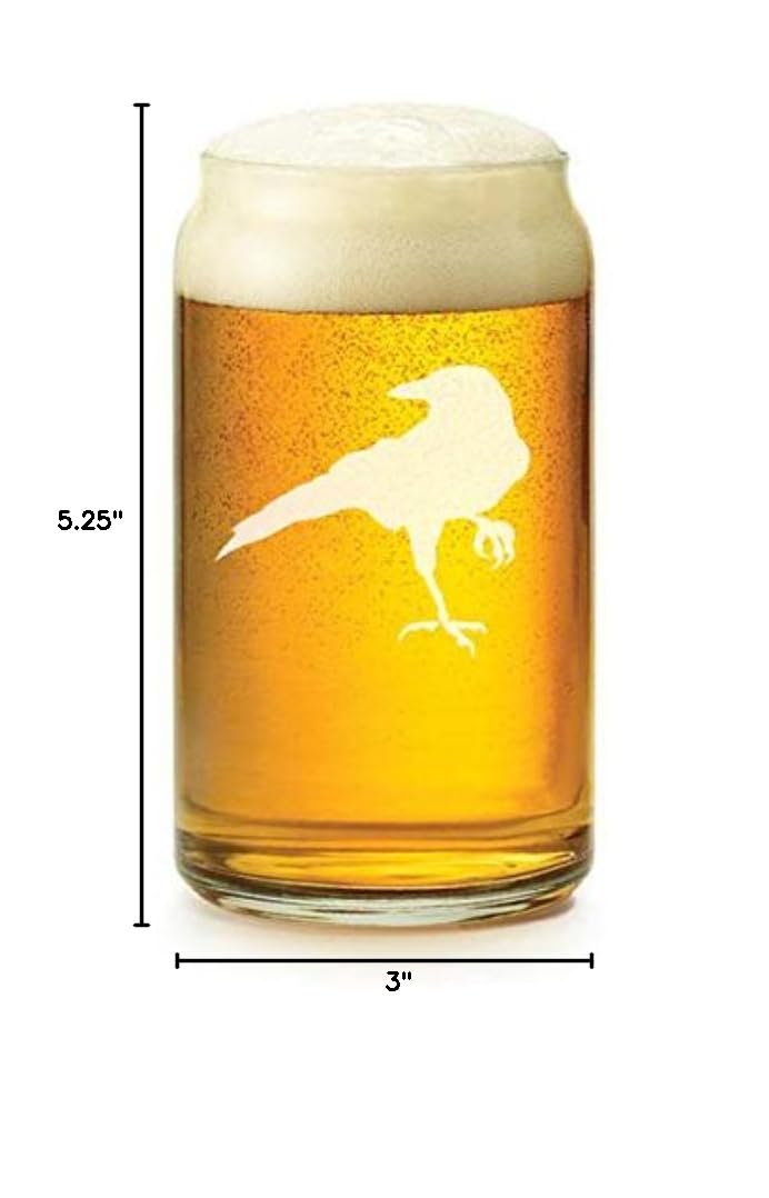16 oz Beer Can Glass with Crow Raven Blackbird Design - Perfect for Halloween Parties, Gothic Decor, and Unique Gift Ideas