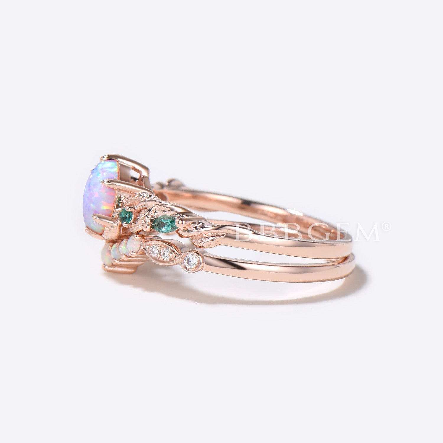 10K Rose Gold Hexagon Cut White Opal Engagement Ring Set - Nature Inspired Leaf Vine Bridal Ring with October Birthstone | Perfect for Weddings, Anniversaries & Nature-Themed Jewelry Lovers