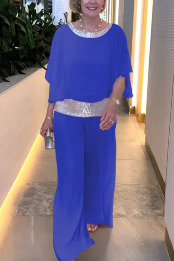 Trendy Sequin Patchwork Dolman Sleeve Blouse & Stretchy Waist Wide Leg Pants Set for Women | Party Outfit, Club Wear, Evening Attire, Special Occasion Fashion