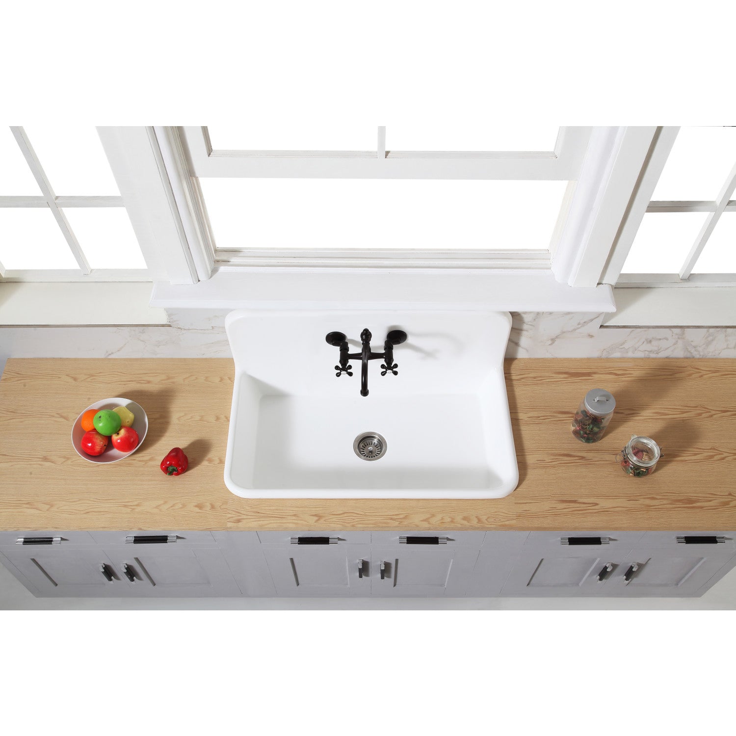 Arcticstone 36 Inch White Ceramic Top Mount Farmhouse Kitchen Sink with Bridge Faucet & Basket Strainer - Antique Brass Finish for Modern & Rustic Kitchens