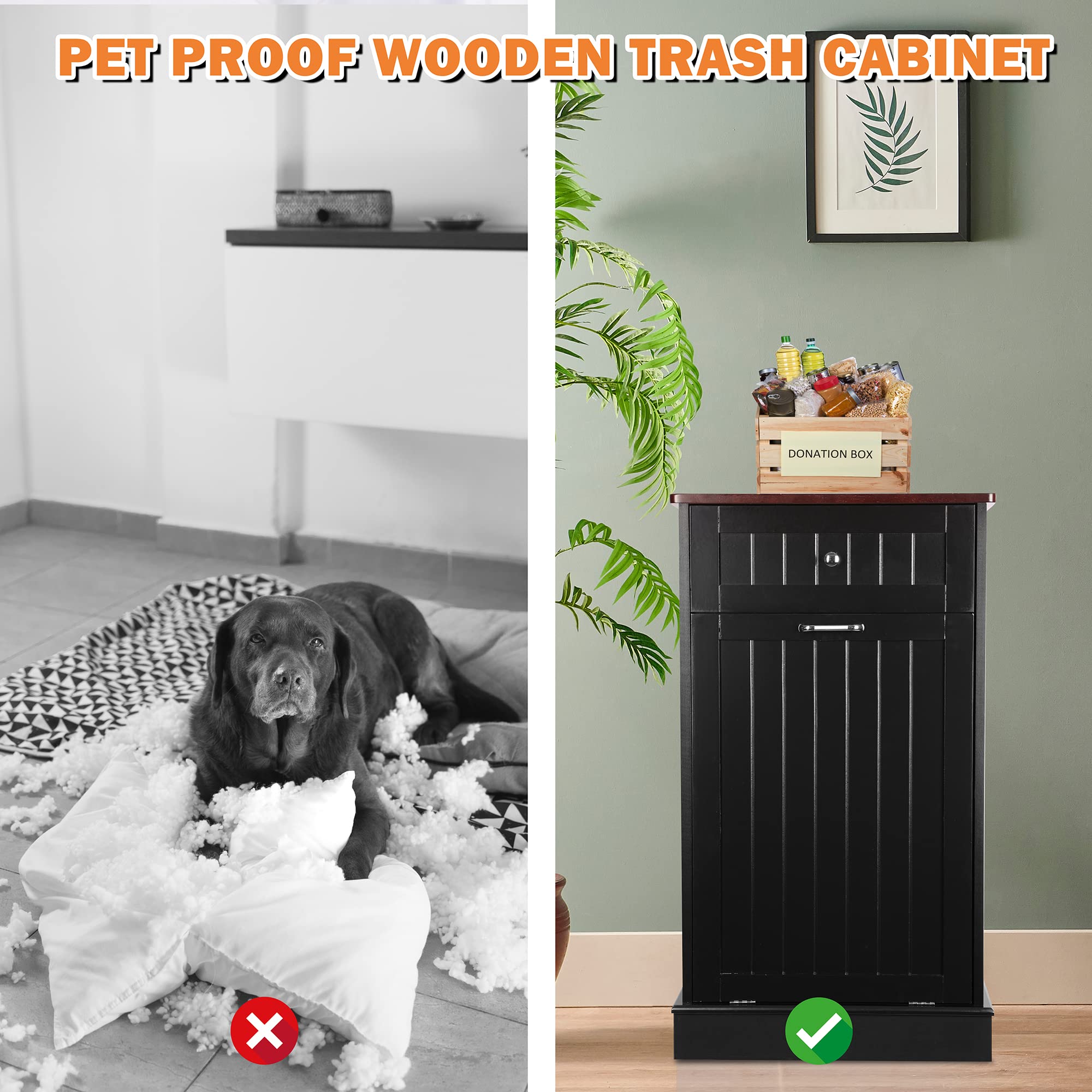 10 Gallon Tilt-Out Trash Cabinet - Free Standing Recycling Bin for Kitchen, Living Room & Dining Room | Farmhouse Style, Black | Perfect for Waste Disposal & Organization