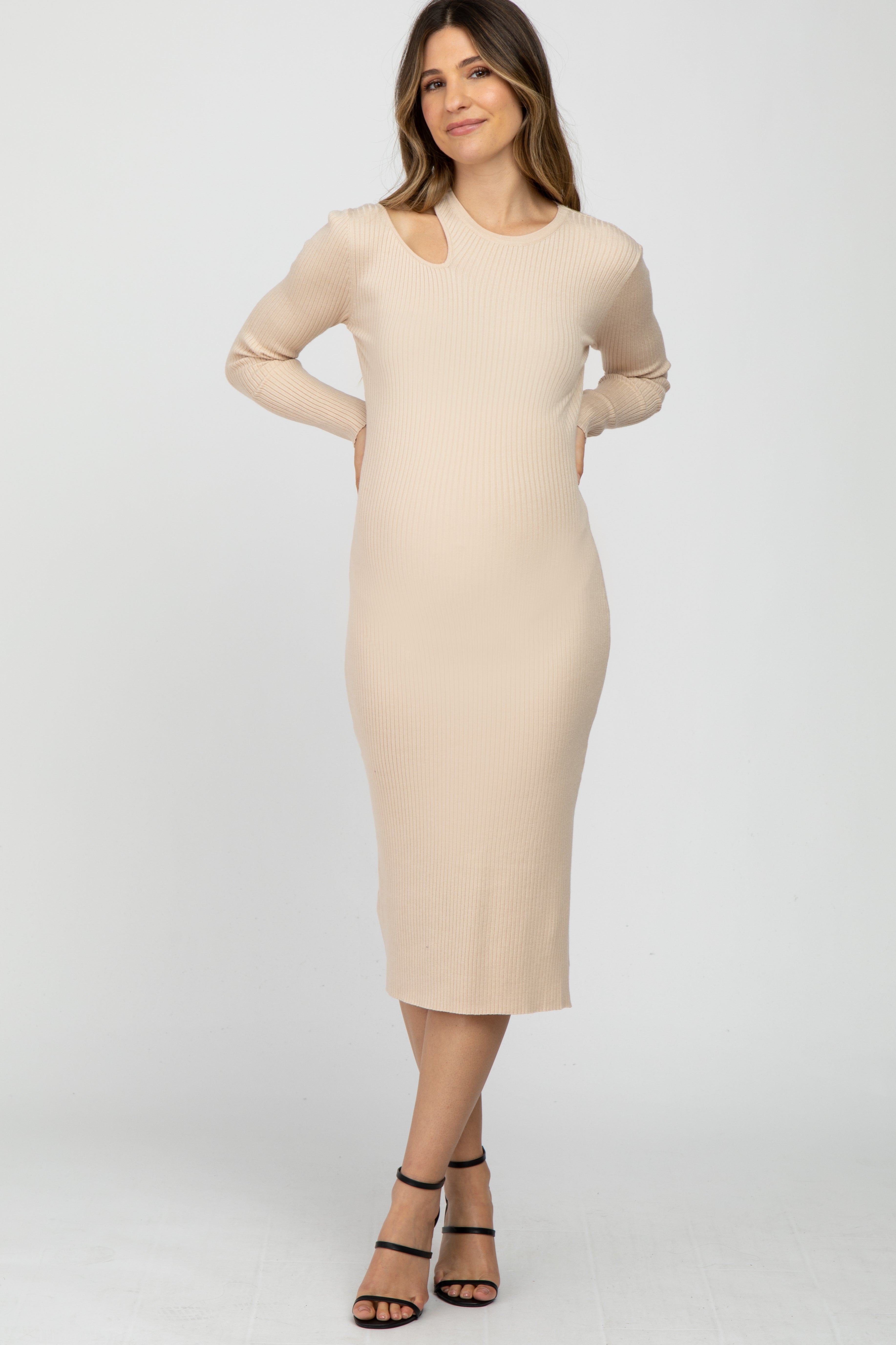 Beige Ribbed Cutout Maternity Fitted Dress - Stretchy Pregnancy Bodycon Dress for Baby Shower, Maternity Photos & Special Occasions