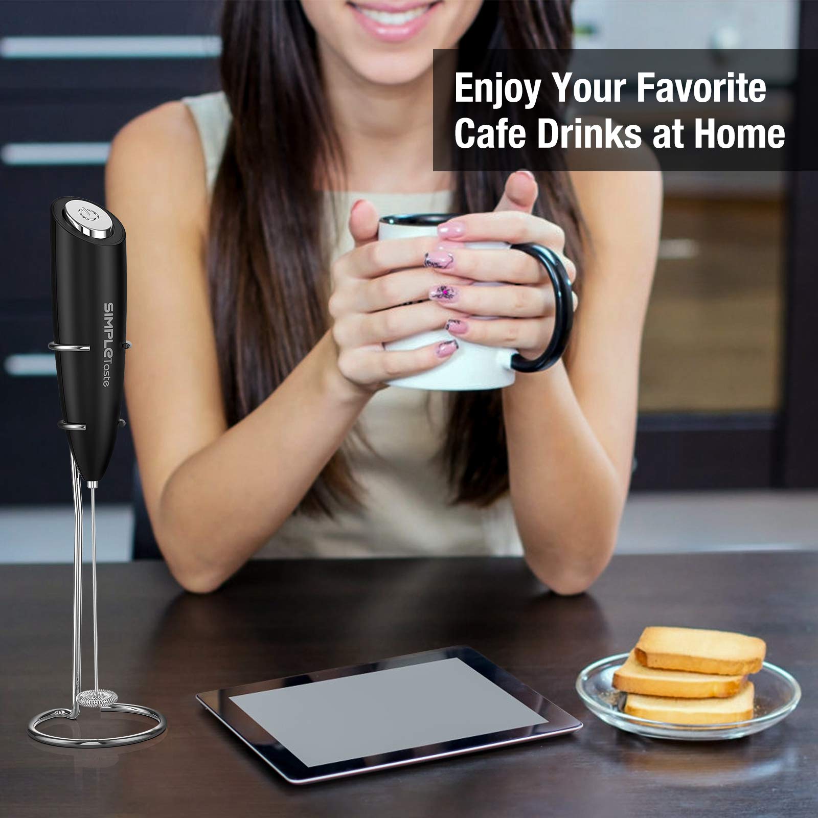 SIMPLETASTE Handheld Electric Milk Frother with Stainless Steel Whisk - Battery Powered Drink Mixer for Cappuccino, Latte, Coffee & Hot Chocolate - Perfect for Home, Office & Coffee Shops