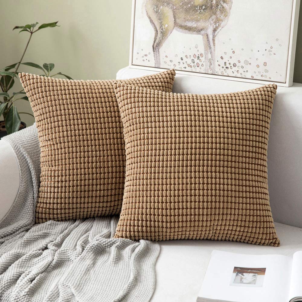 MIULEE Pack of 2 Super Soft Corduroy Pillow Covers 14x14 Inch - Brown Decorative Throw Pillows for Couch, Sofa, Bedroom & Living Room | Home Decor Accent & Cozy Comfort