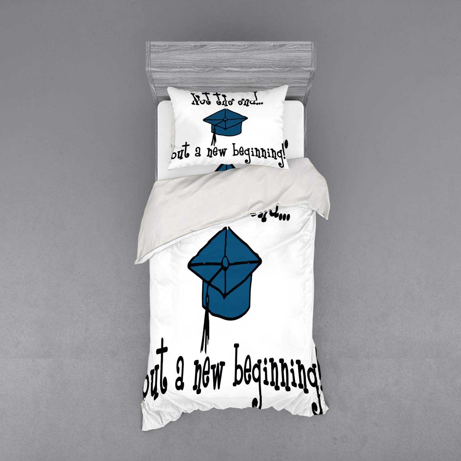 Lunarable Graduation Duvet Cover Set - 'Not End but Beginning' Inspirational Quote with Graduate Cap Design, 3-Piece Bedding Set Includes Sham & Fitted Sheet, Twin XL Size (Black/Blue/White) - Perfect for College Dorm Rooms, Graduation Gifts & Student Bedroom Decor