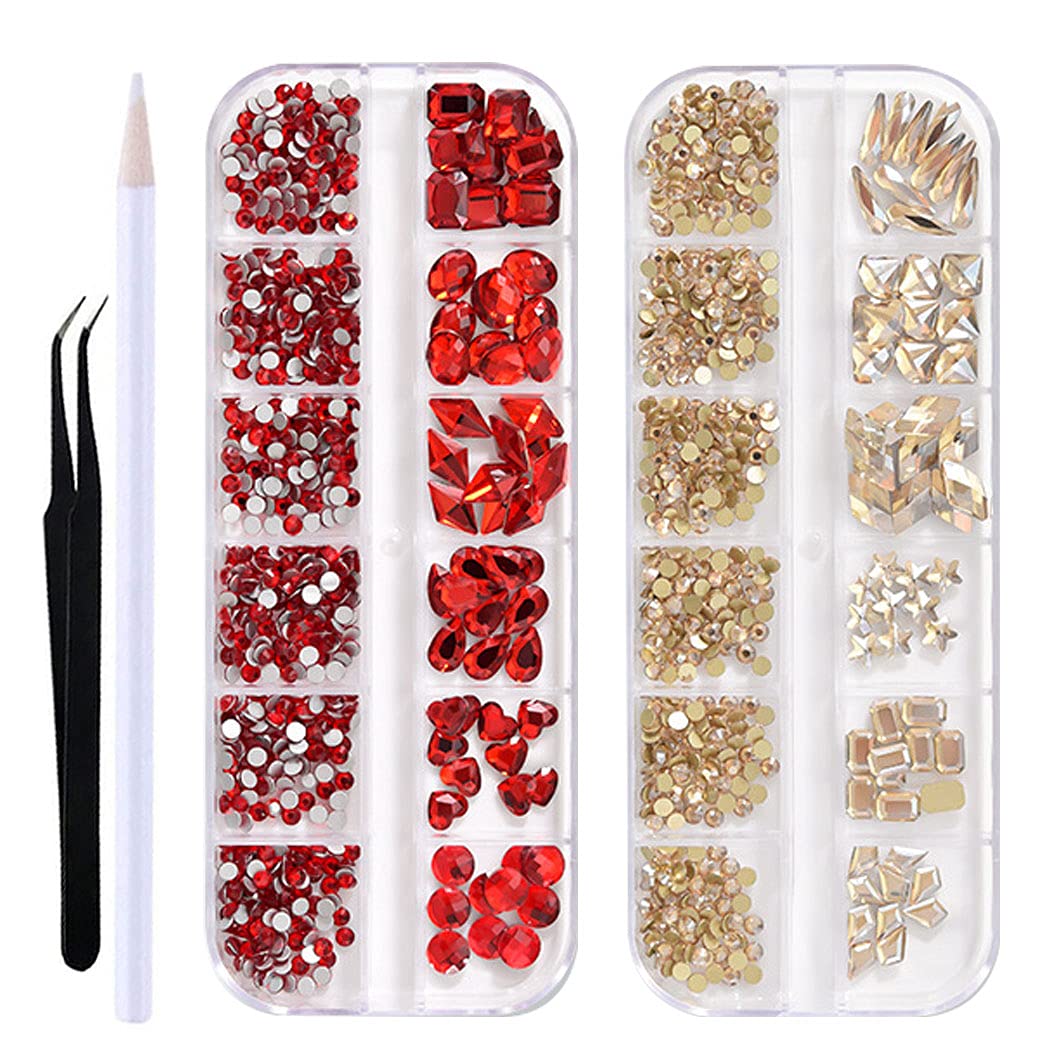 WOKOTO Rhinestones Set for Acrylic Nails - Champagne & Red Crystals with Tweezers for Women & Girls - Perfect for Nail Art & DIY