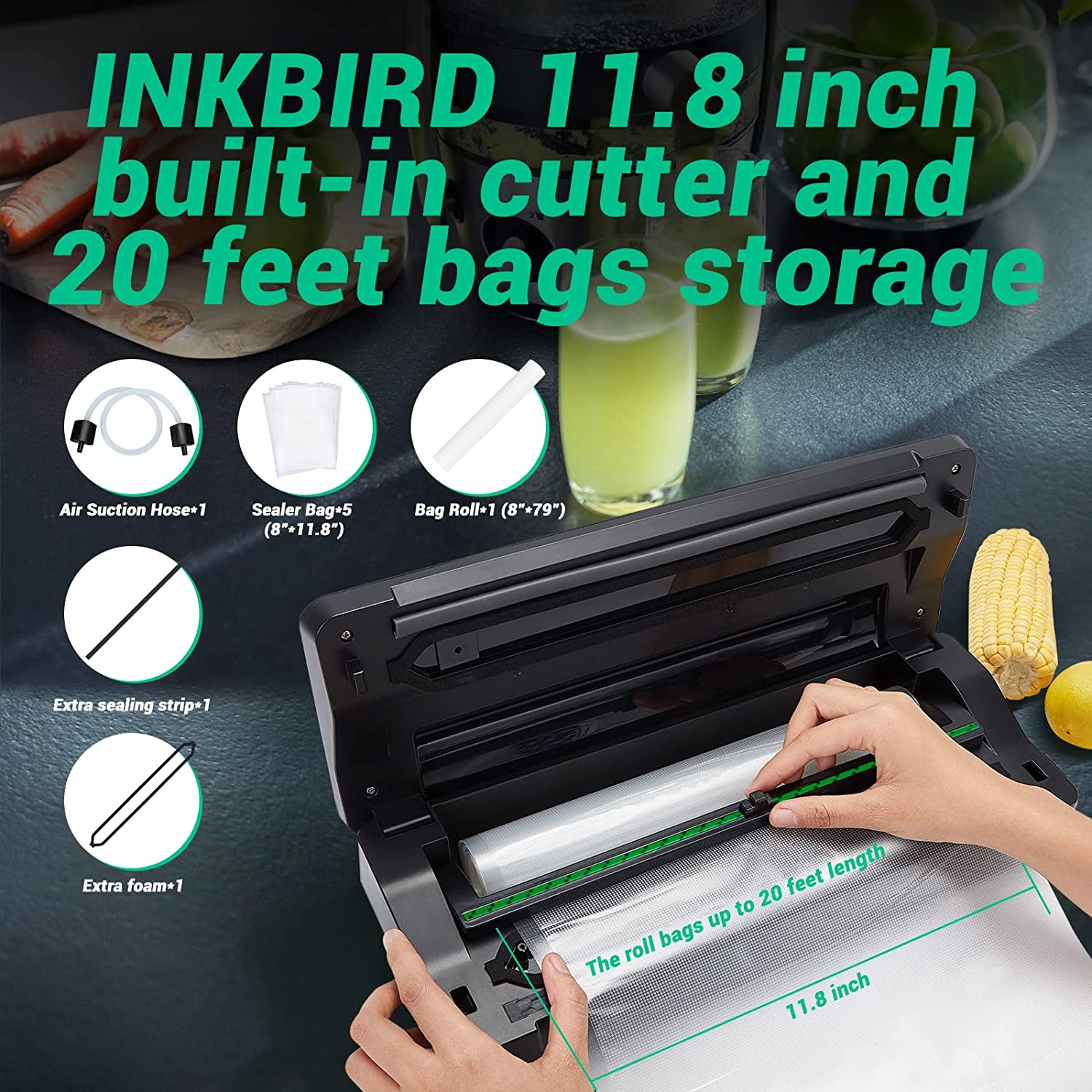 INK VS02 Vacuum Sealer Machine for Food Preservation | Airtight Storage for Meat, Vegetables & Meal Prep | Compact Kitchen Appliance for Sous Vide, Freezing & Fresh Food Storage