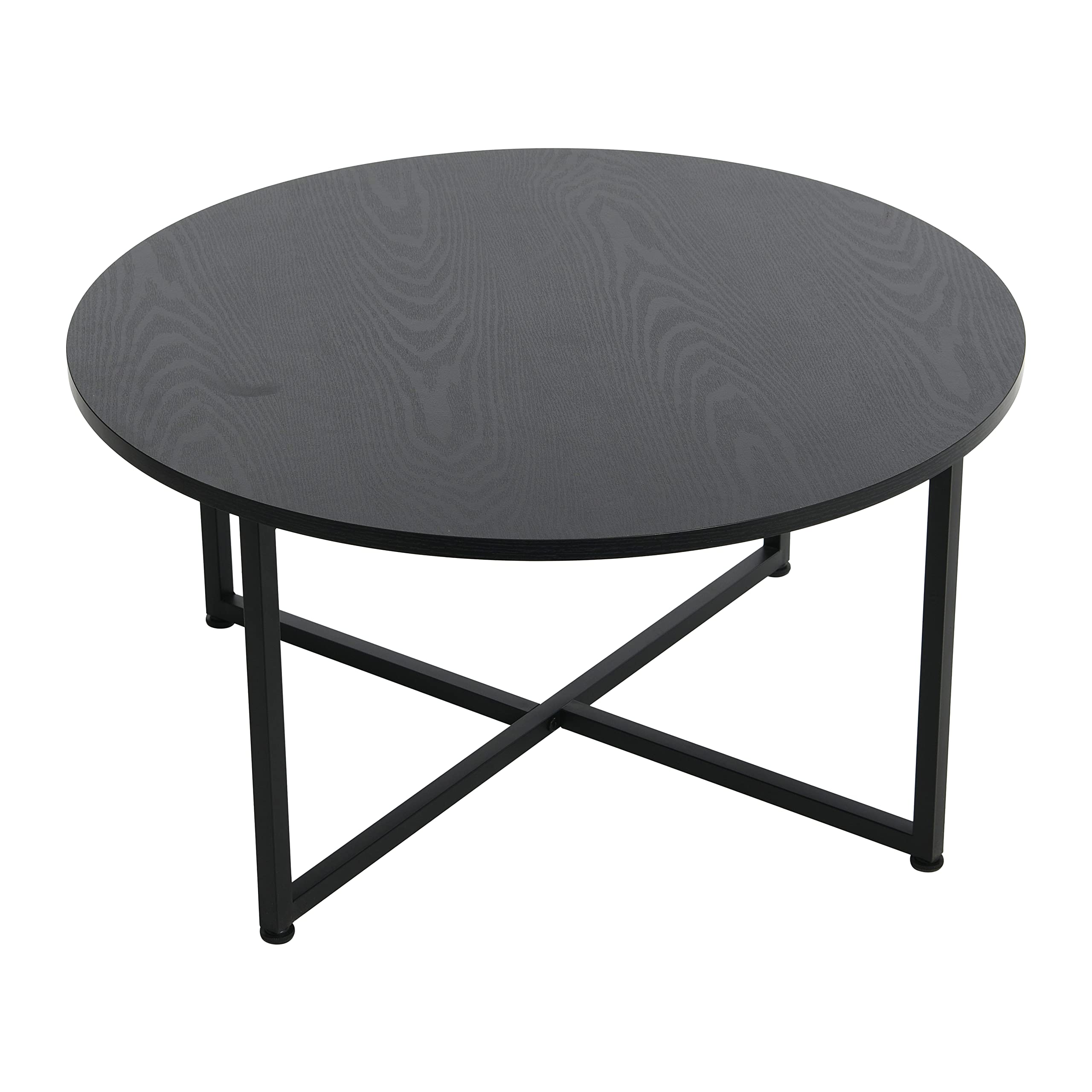 Black Oak Round Coffee Table - Metal & Wood Grain for Living Room