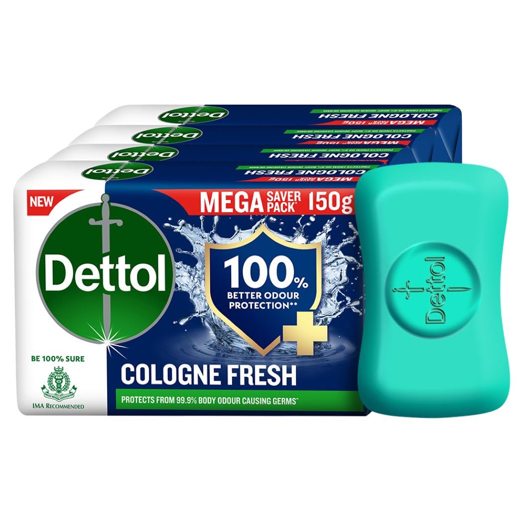 Dettol Cologne Fresh Bathing Soap Bar - 150g (Pack of 4, 600g Total) | 100% Better Odor Protection | Antibacterial & Refreshing for Daily Shower & Hand Washing | Ideal for Gym, Travel & Home Use