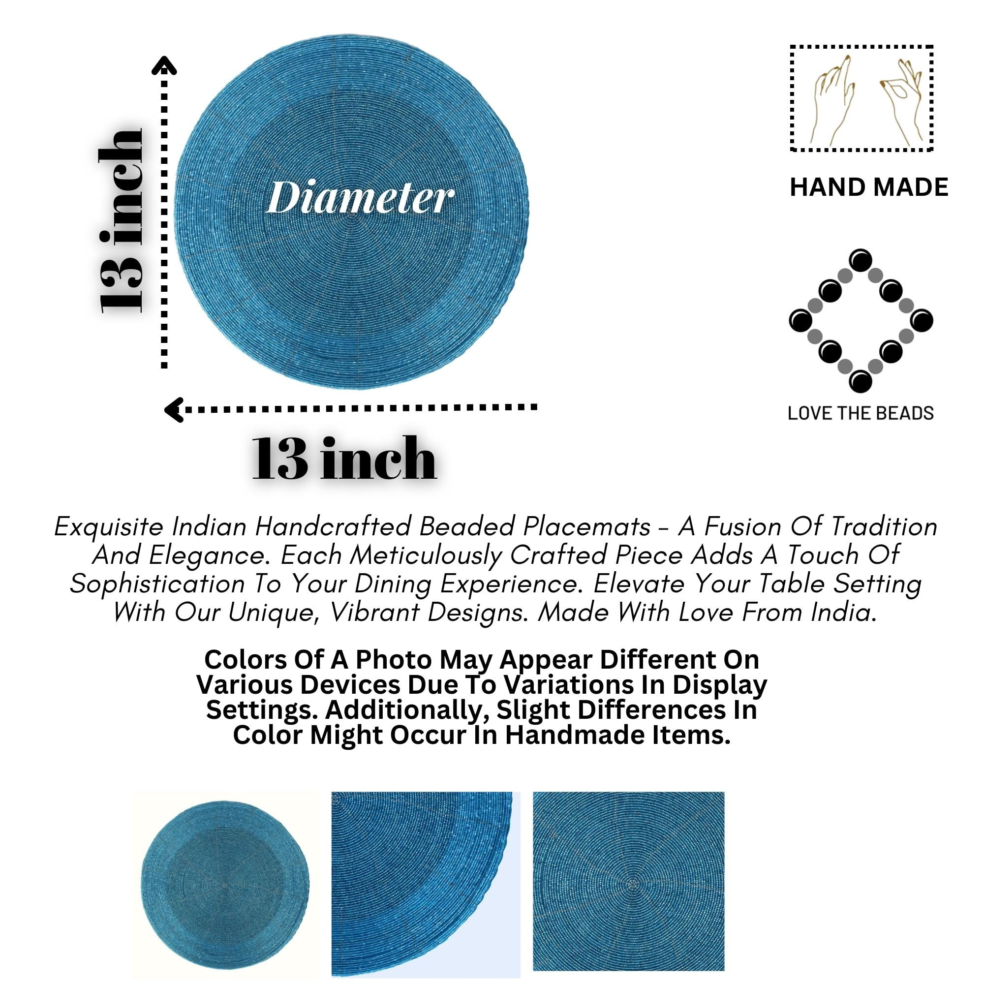 Beaded Placemats Set of 4 - 13 Inch Round Teal Table Mats for Easter & Thanksgiving Decor - Elegant Dining Table Decoration for Holiday Gatherings & Dinner Parties