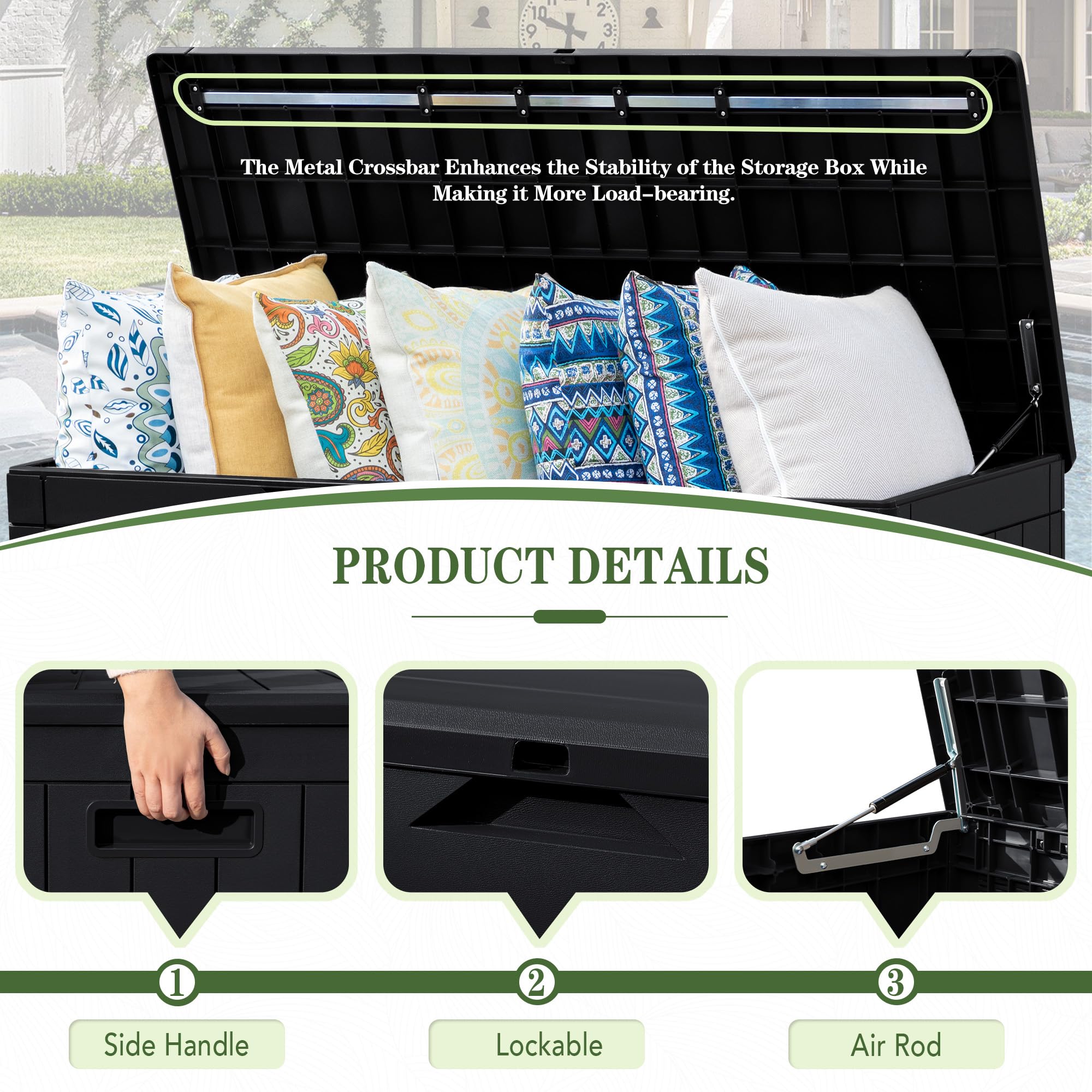 Greesum 100 Gallon Waterproof Resin Outdoor Storage Box - Black - Ideal for Garden Tools, Patio Furniture Cushions, Pool Toys & Backyard Organization - Perfect for Deck, Garage & Poolside Storage