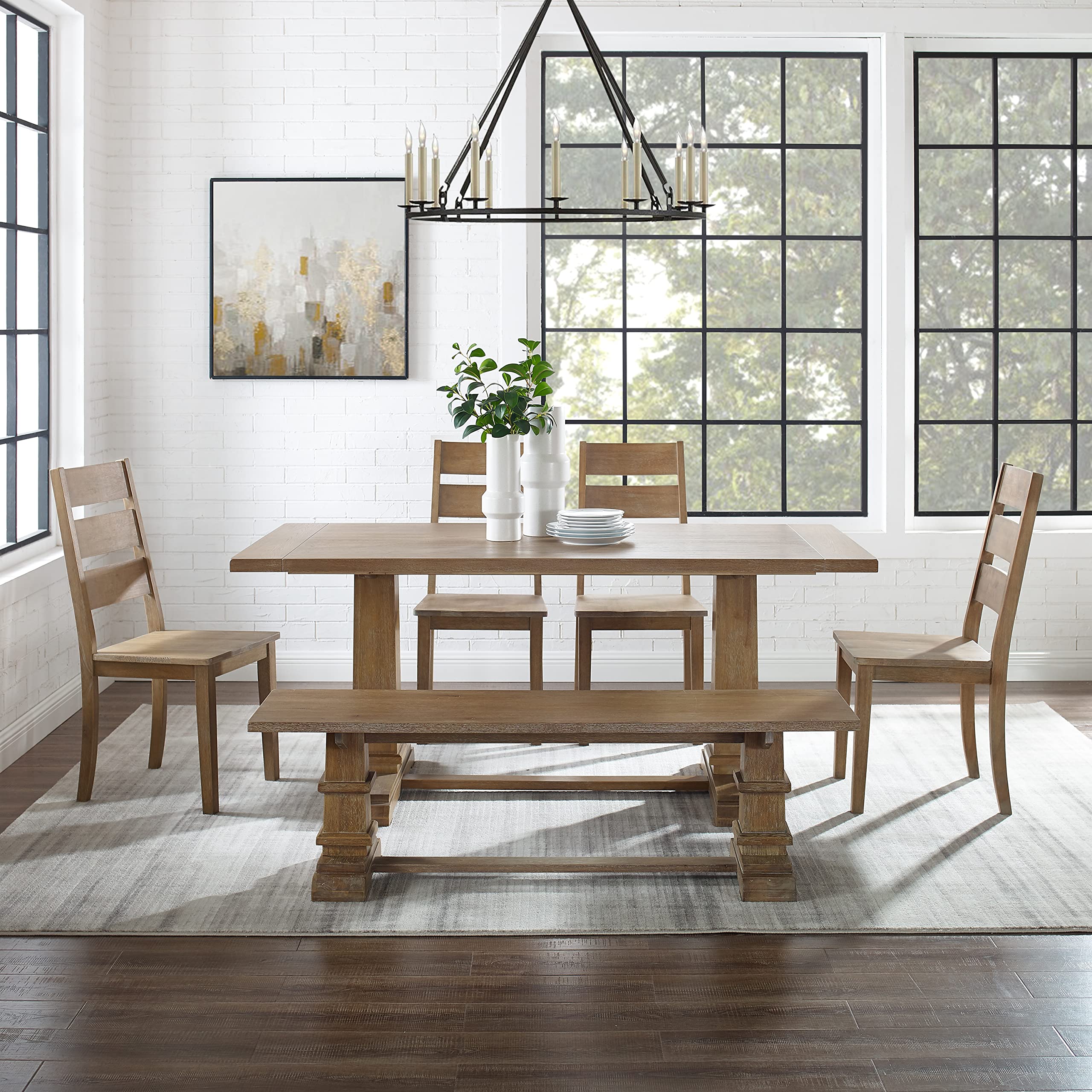 Crosley Furniture Joanna 6-Piece Modern Farmhouse Dining Table Set for 7 with 4 Ladderback Chairs and a Bench, Rustic Brown - Perfect for Family Dinners, Entertaining Guests & Farmhouse-Style Dining Rooms