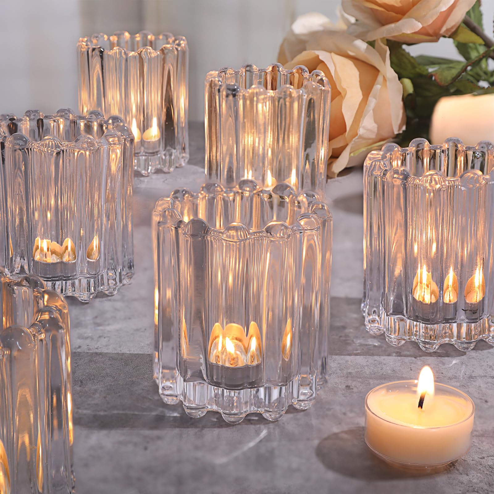 Clear Glass Votive Candle Holders Set of 6 - Ribbed Tealight Candle Holders for Wedding Centerpieces, Dinner Party Table Decor - Perfect for Romantic Ambiance, Holiday Decorations & Home Décor